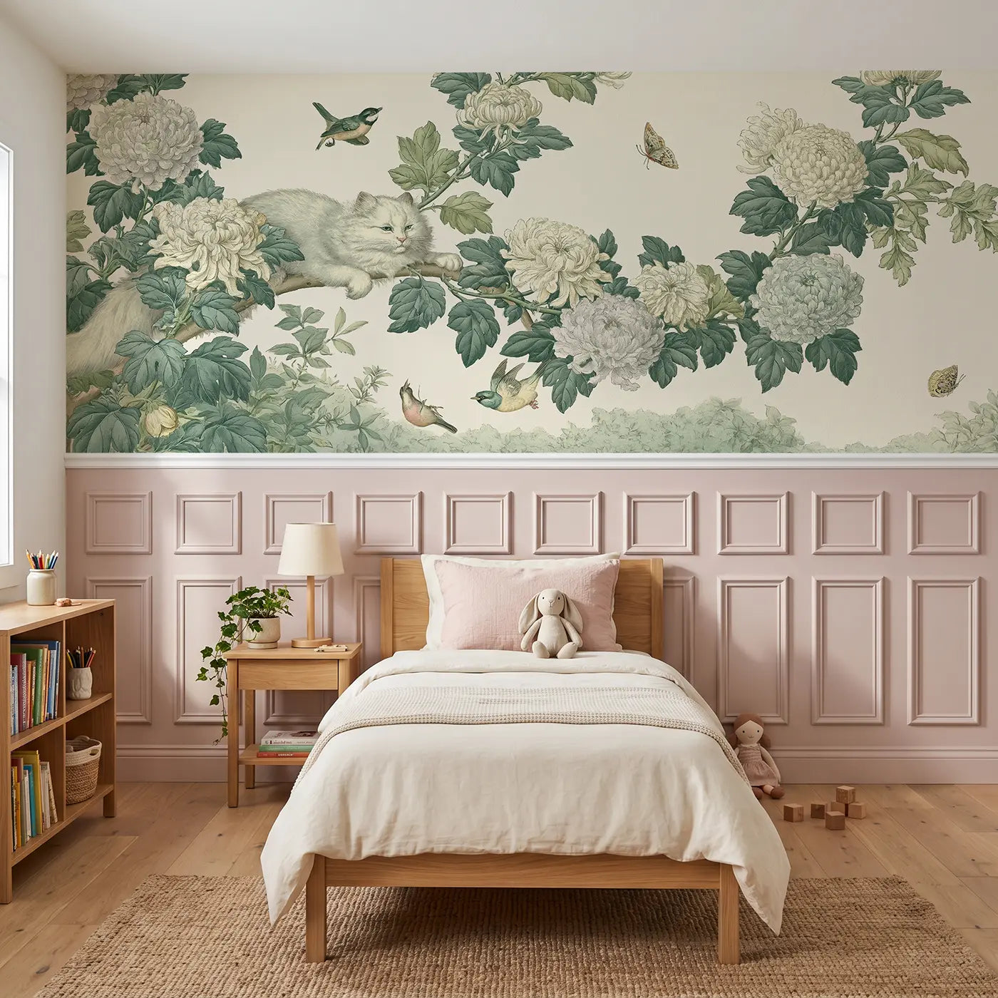 Botanical Elegance dog peony garden stipple wainscoting wallpaper for bedroom by Whimsy Tots.