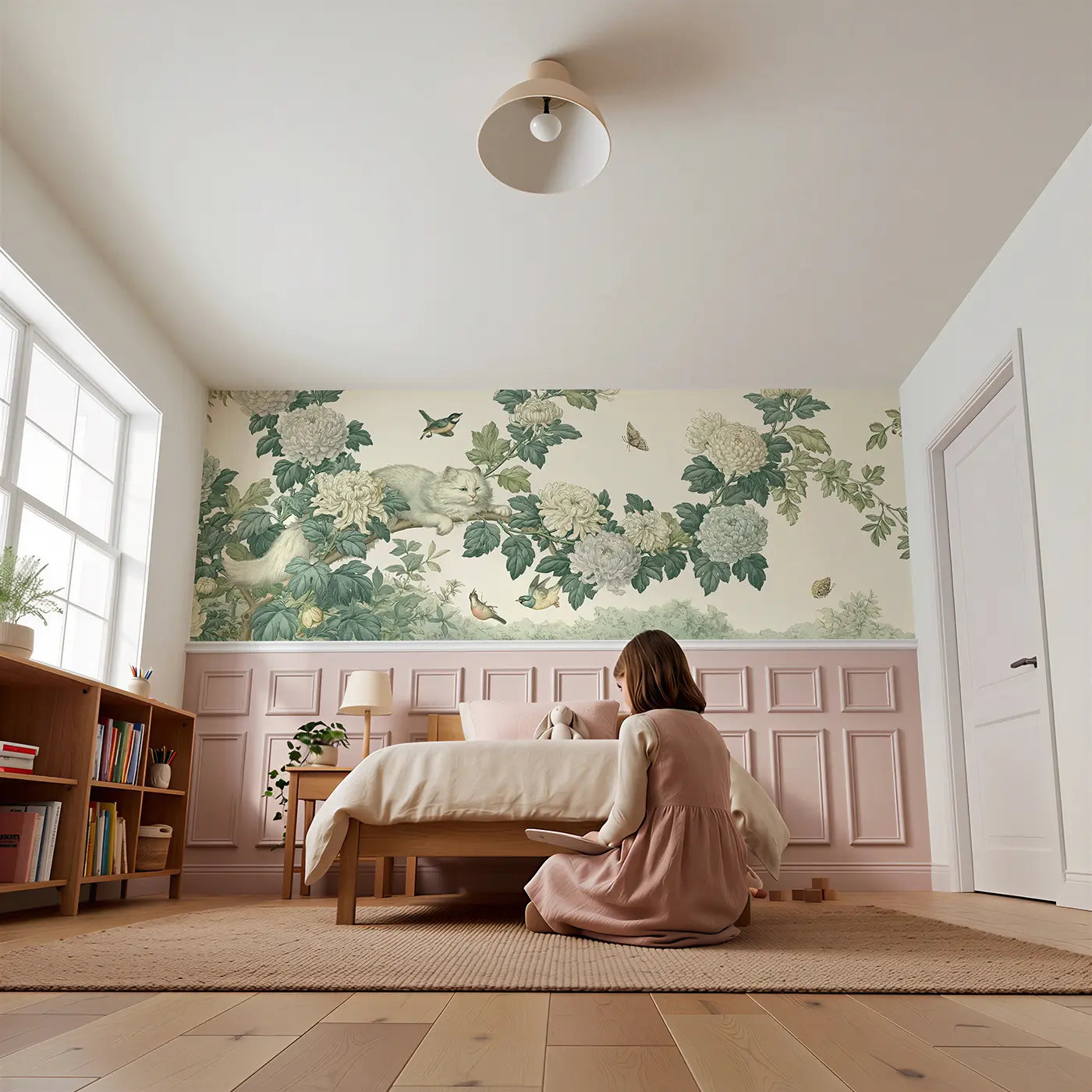 Child reading near Dog Peony Garden Stipple Wainscoting Wallpaper by Whimsy Tots