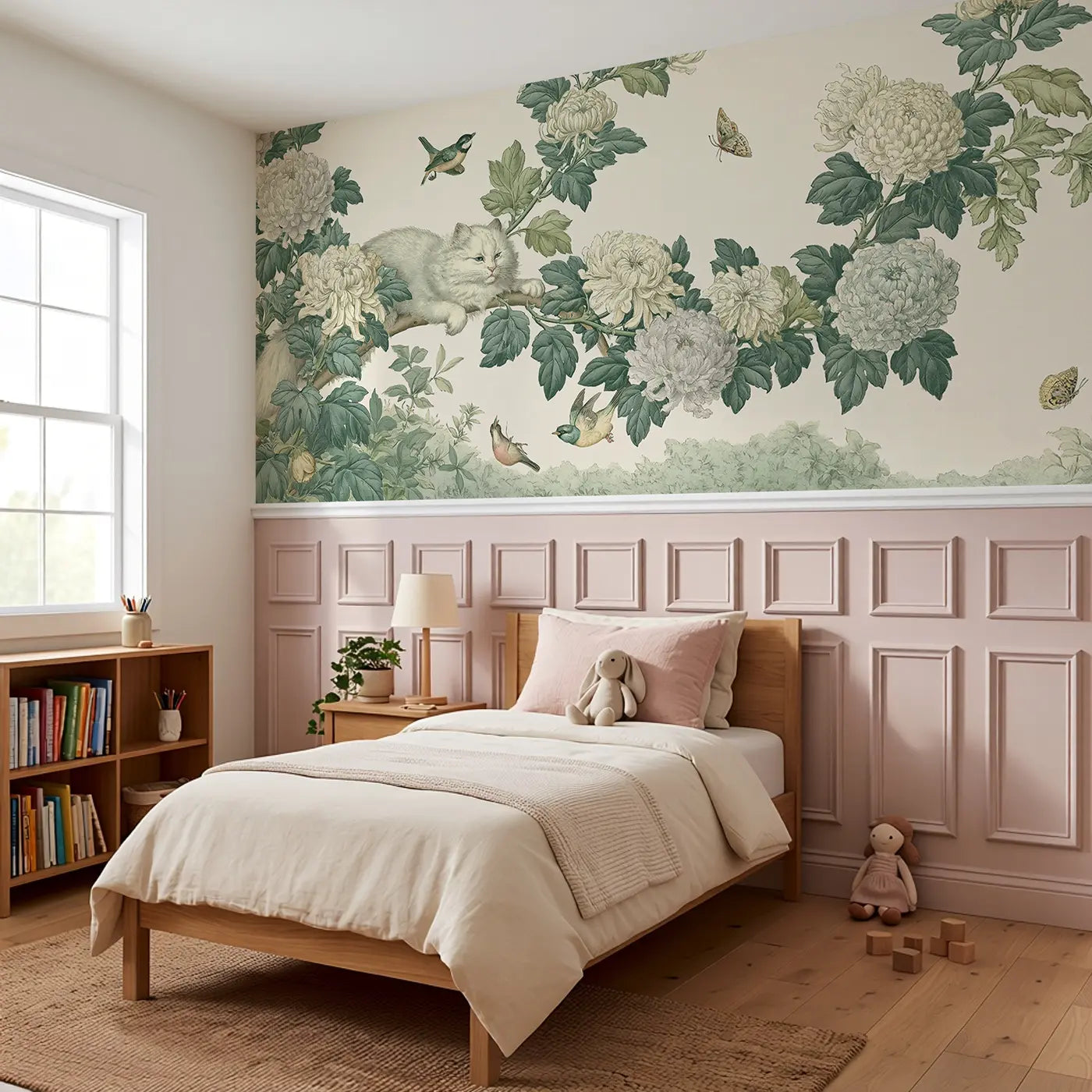 Dog Peony Garden Stipple Wainscoting Wallpaper styled in a kids bedroom by Whimsy Tots