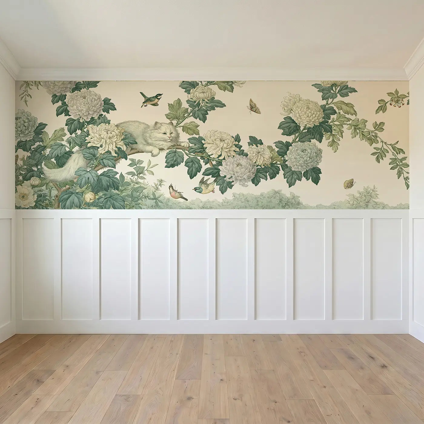 Full panel view of Dog Peony Garden Stipple Wainscoting Wallpaper by Whimsy Tots