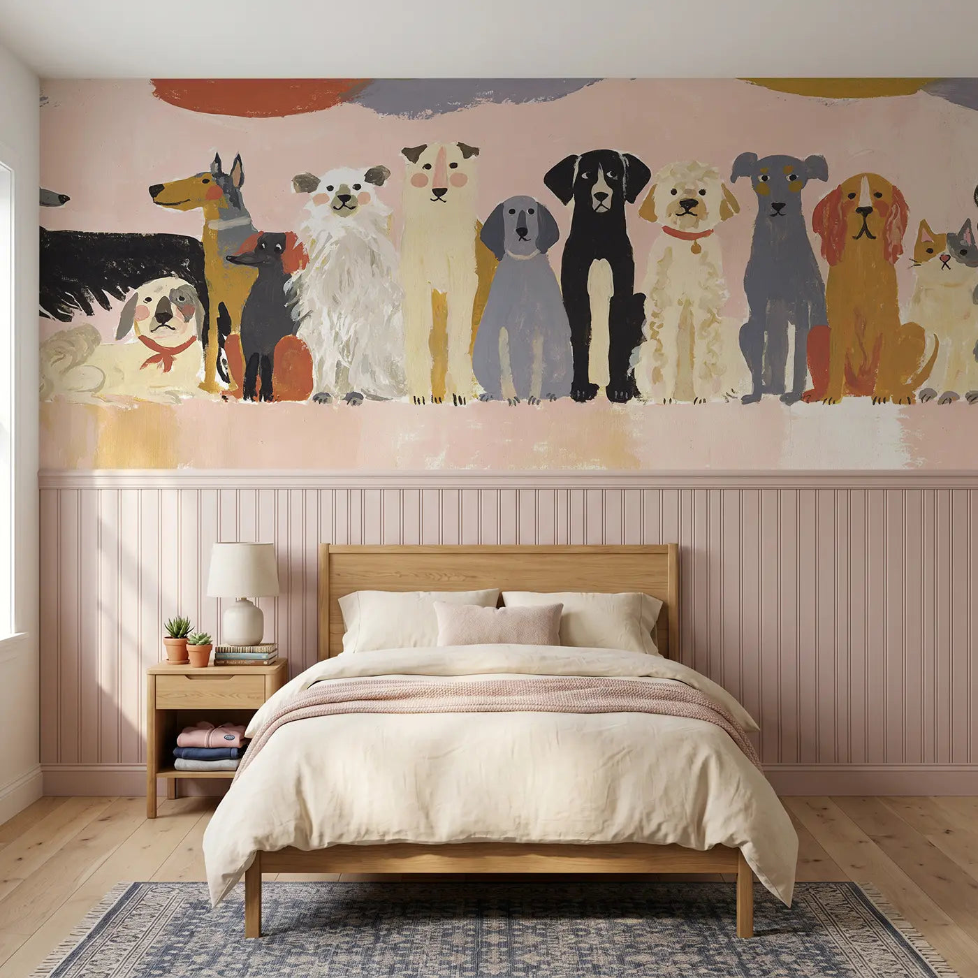 Modern Illustration dog breeds row bright wainscoting wallpaper for bedroom by Whimsy Tots.