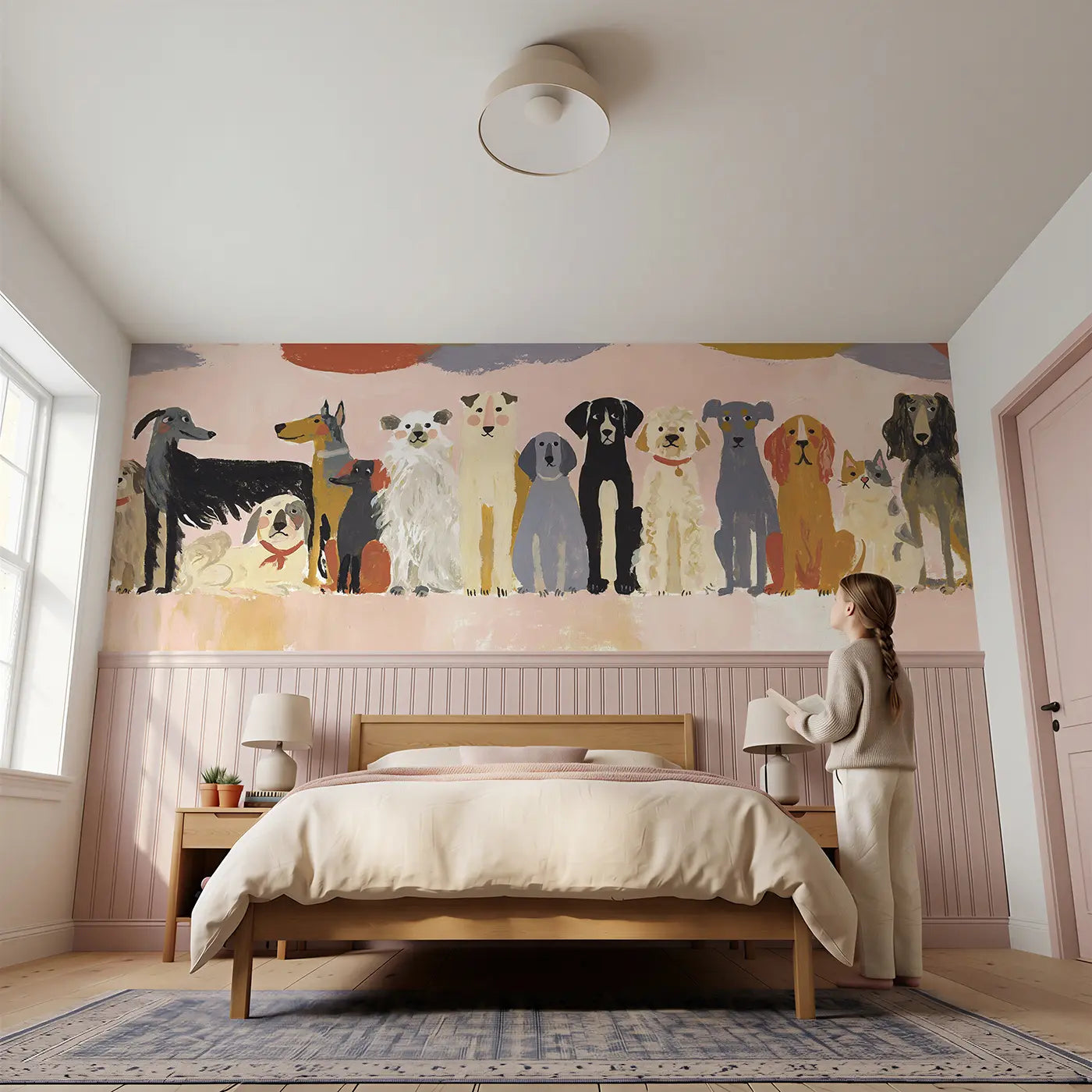 Child reading near Flat Dog Breeds Row Bright Wainscoting Wallpaper by Whimsy Tots