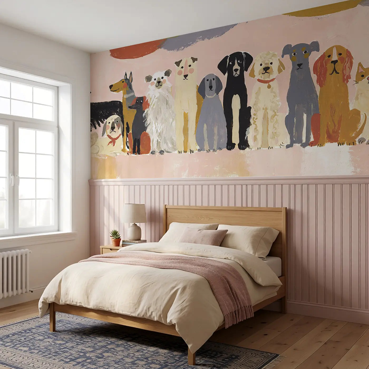 Flat Dog Breeds Row Bright Wainscoting Wallpaper styled in a kids bedroom by Whimsy Tots