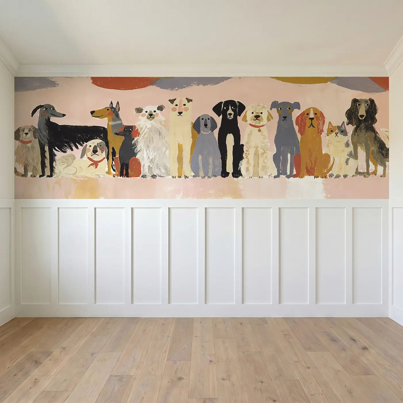 Full panel view of Flat Dog Breeds Row Bright Wainscoting Wallpaper by Whimsy Tots