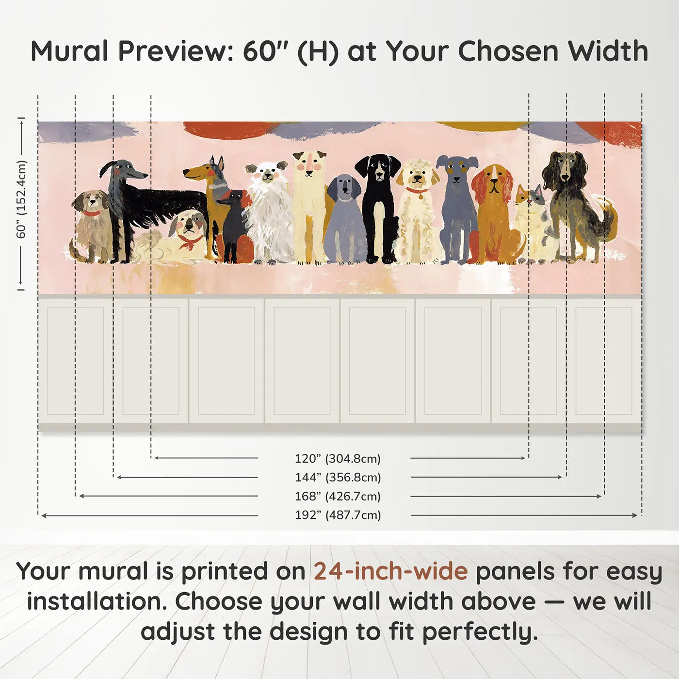 Panel dimensions for Flat Dog Breeds Row Bright Wainscoting Wallpaper by Whimsy Tots
