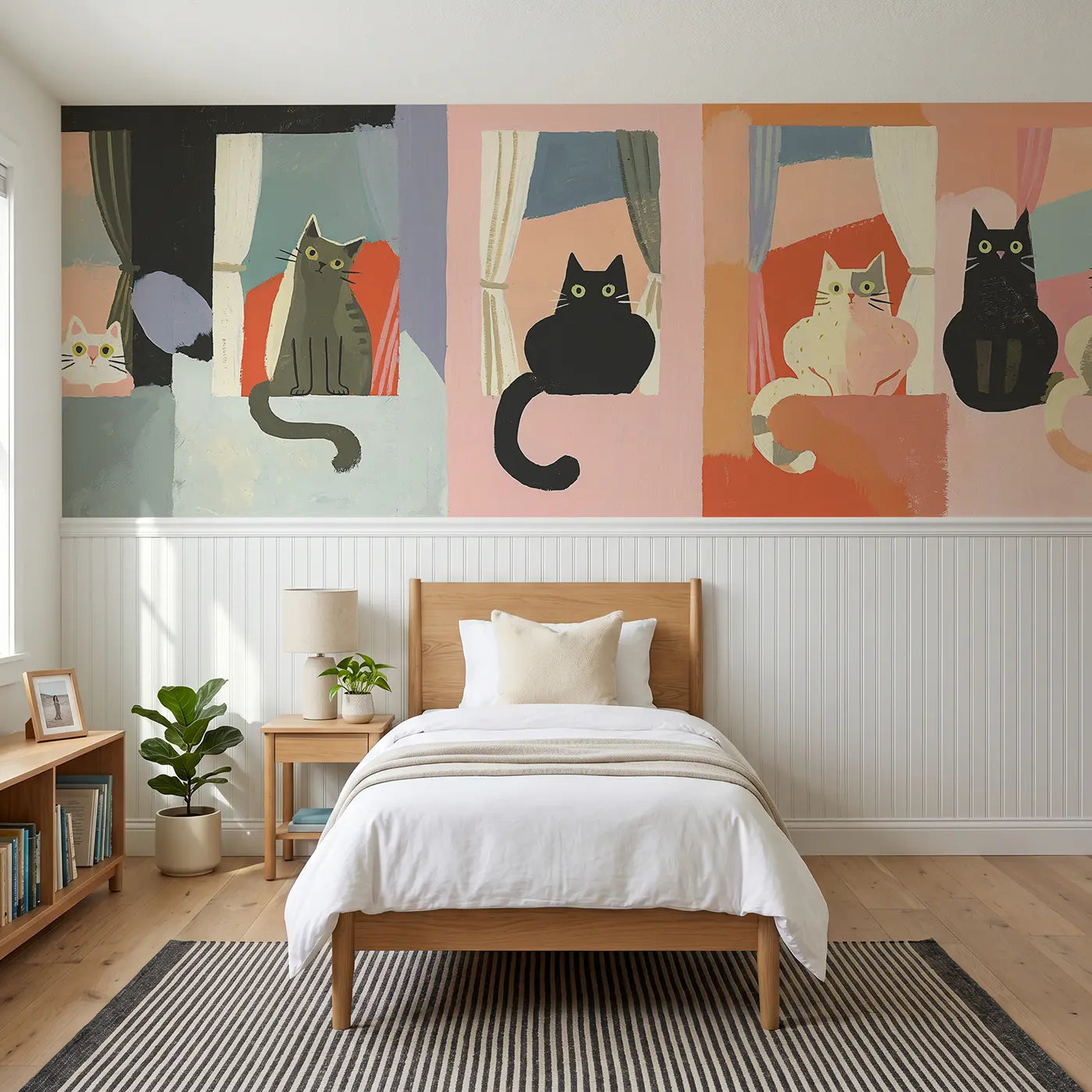 Modern Illustration cat window silhouettes wainscoting wallpaper for bedroom by Whimsy Tots.