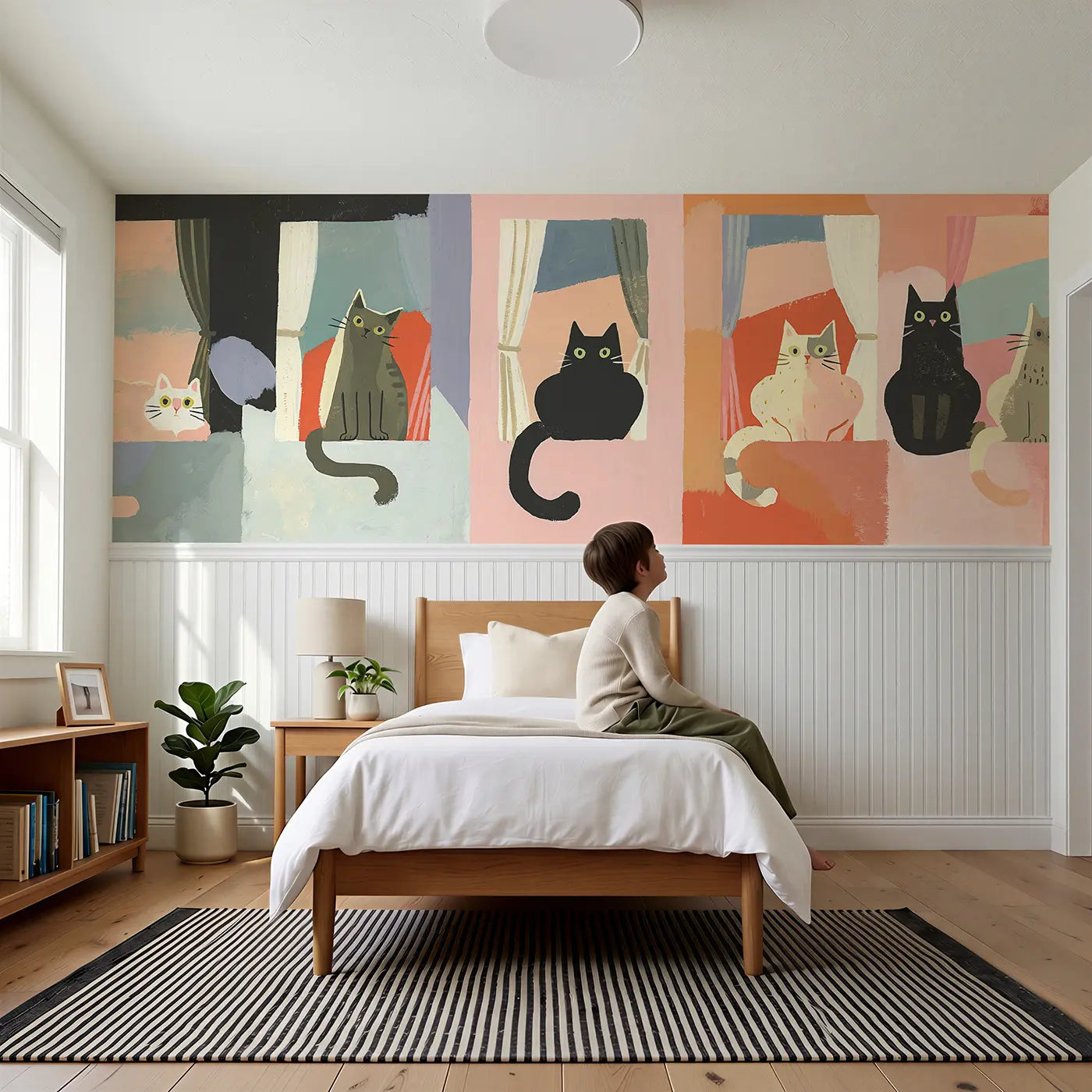 Child reading near Graphic Cat Window Silhouettes Wainscoting Wallpaper by Whimsy Tots