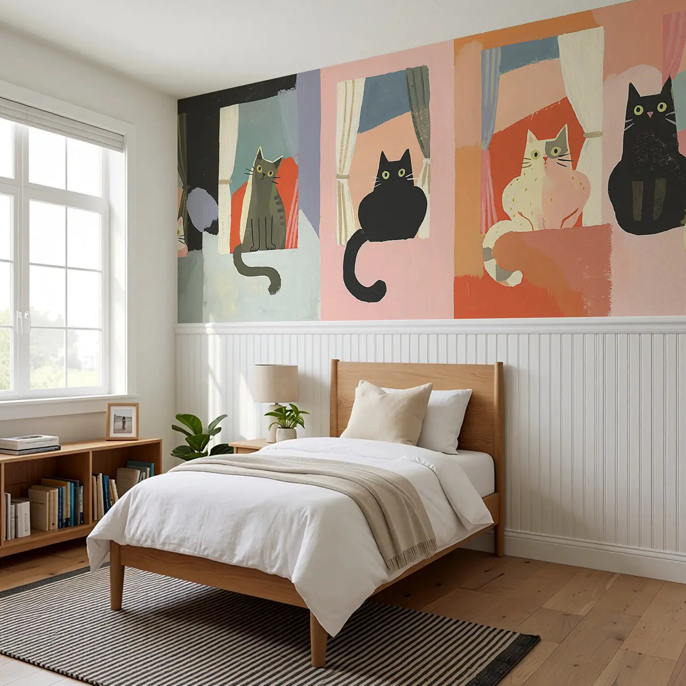 Graphic Cat Window Silhouettes Wainscoting Wallpaper styled in a kids bedroom by Whimsy Tots