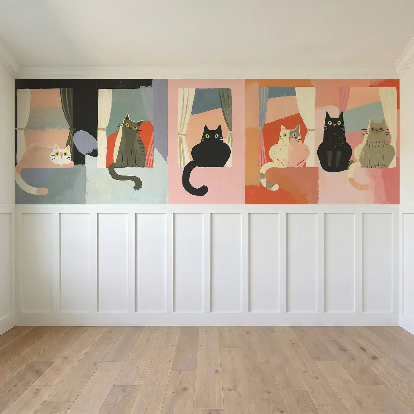 Full panel view of Graphic Cat Window Silhouettes Wainscoting Wallpaper by Whimsy Tots