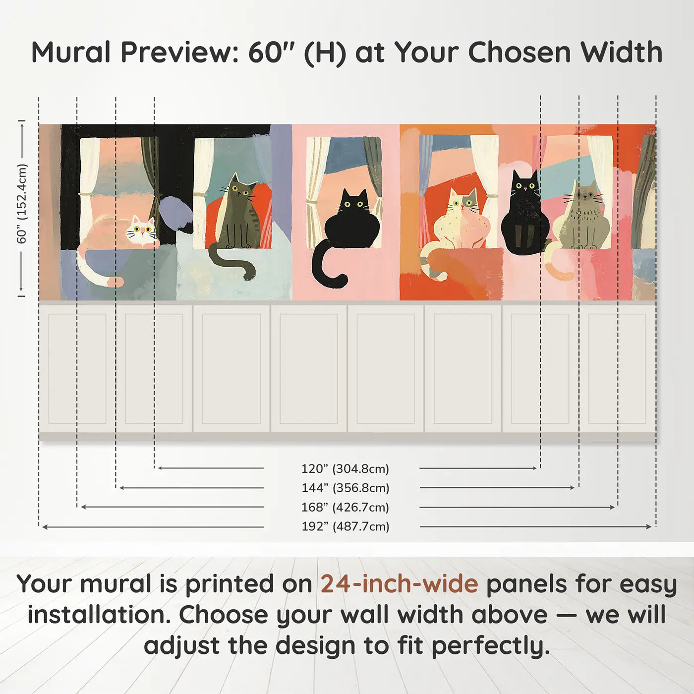 Panel dimensions for Graphic Cat Window Silhouettes Wainscoting Wallpaper by Whimsy Tots