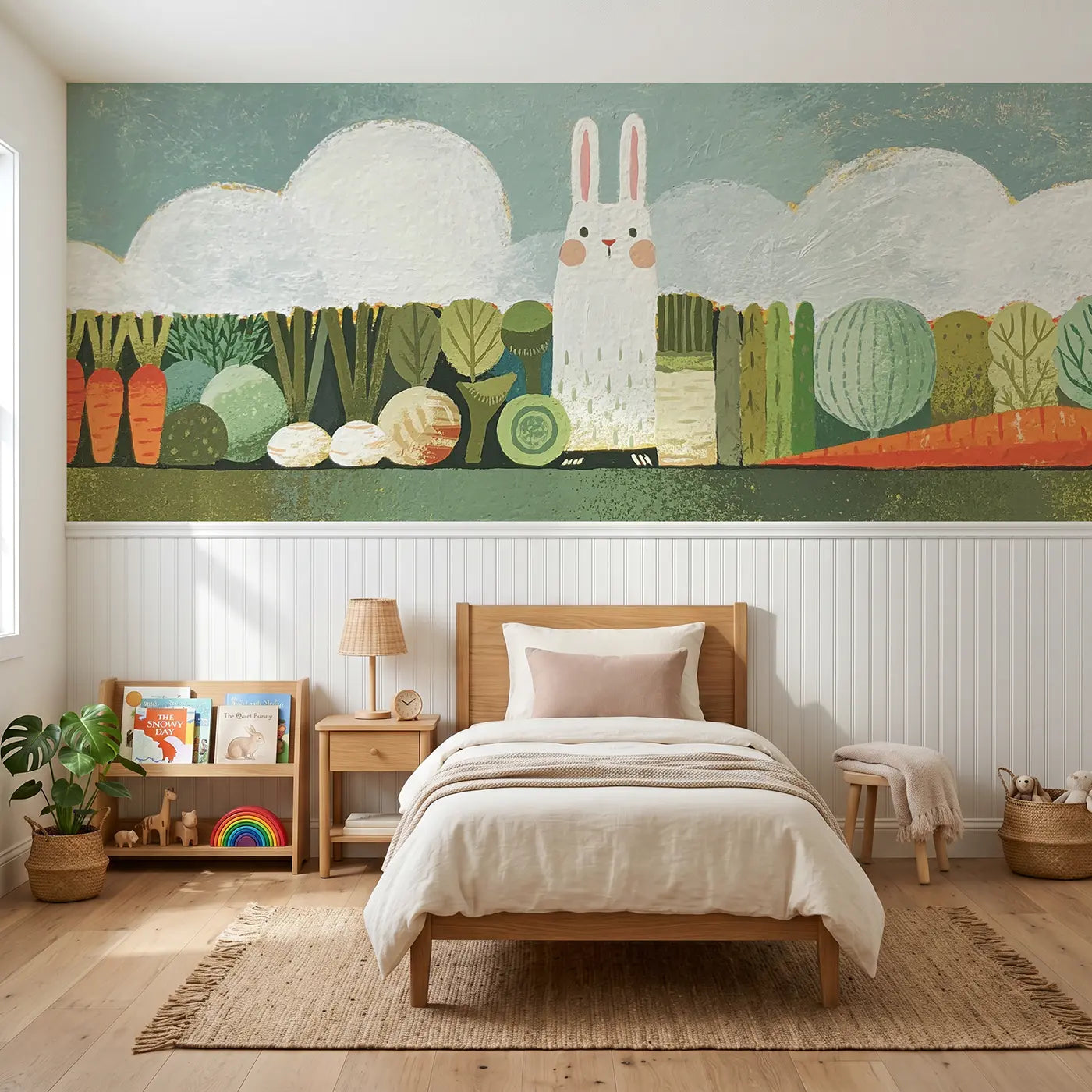 Modern Illustration rabbit vegetable row wainscoting wallpaper for nursery by Whimsy Tots.