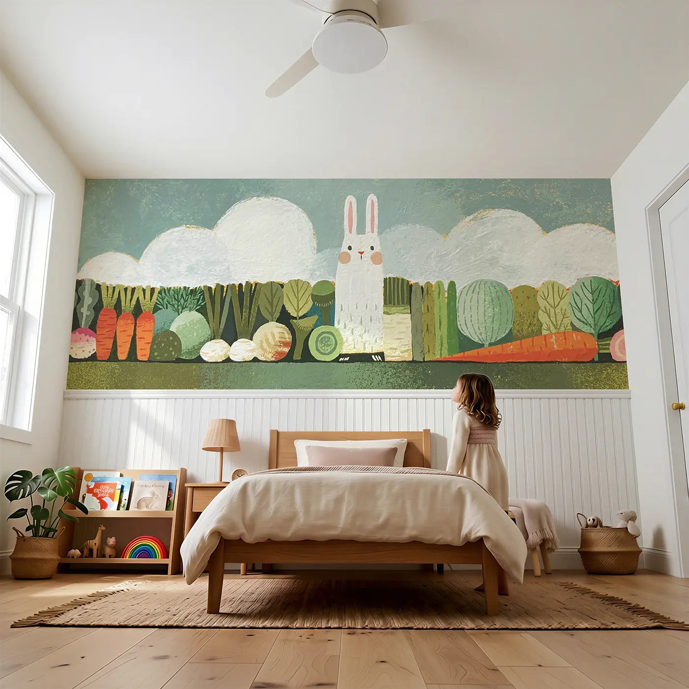 Child reading near Scandi Rabbit Vegetable Row Wainscoting Wallpaper by Whimsy Tots