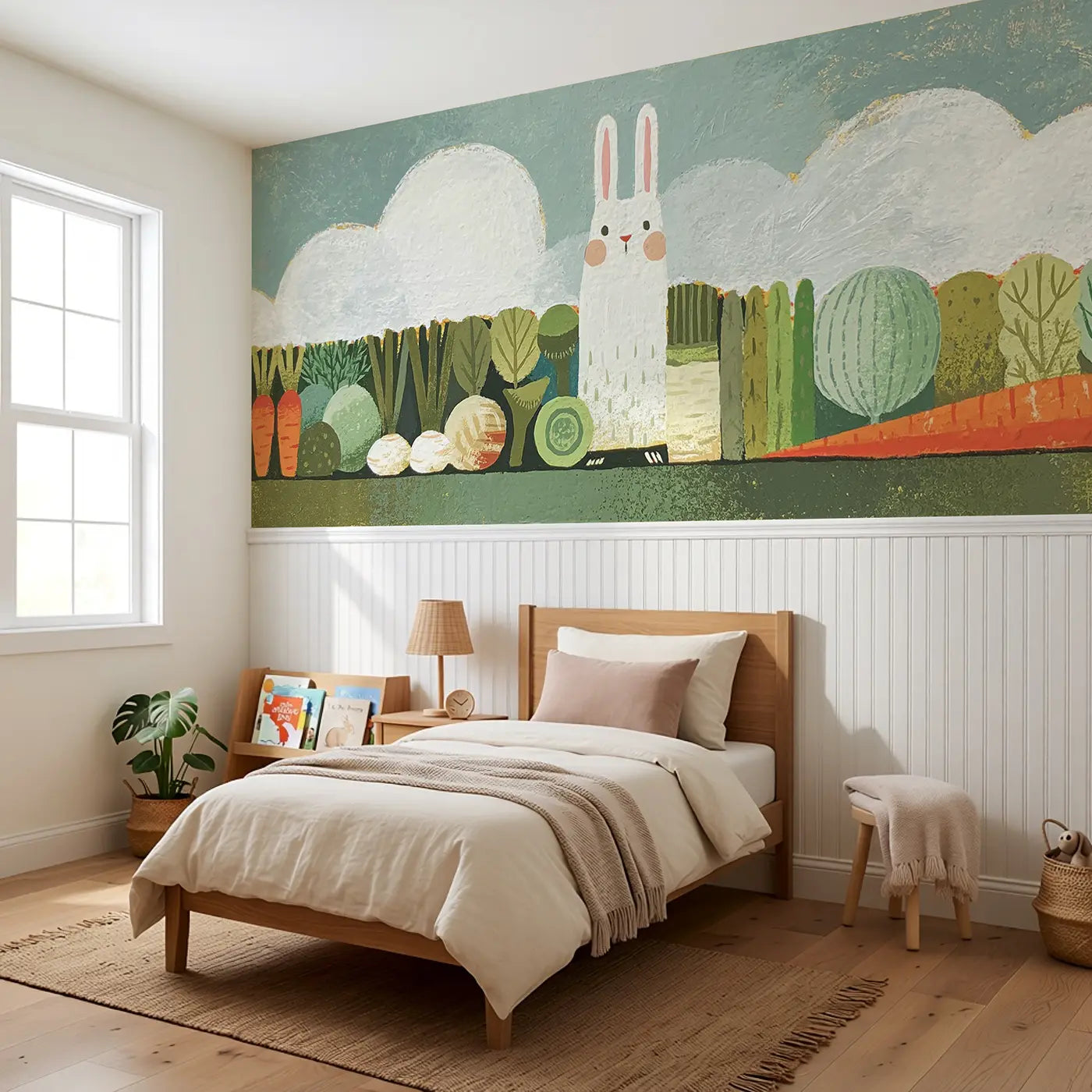 Scandi Rabbit Vegetable Row Wainscoting Wallpaper styled in a kids bedroom by Whimsy Tots