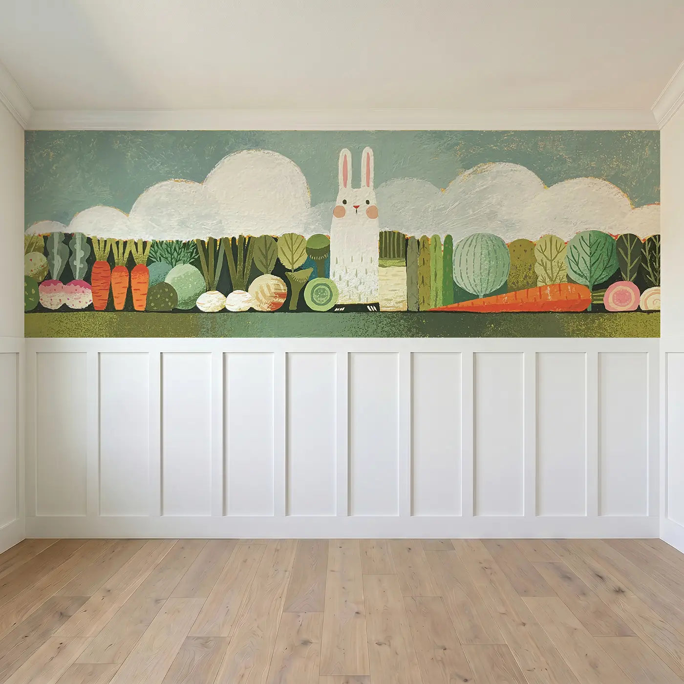 Full panel view of Scandi Rabbit Vegetable Row Wainscoting Wallpaper by Whimsy Tots
