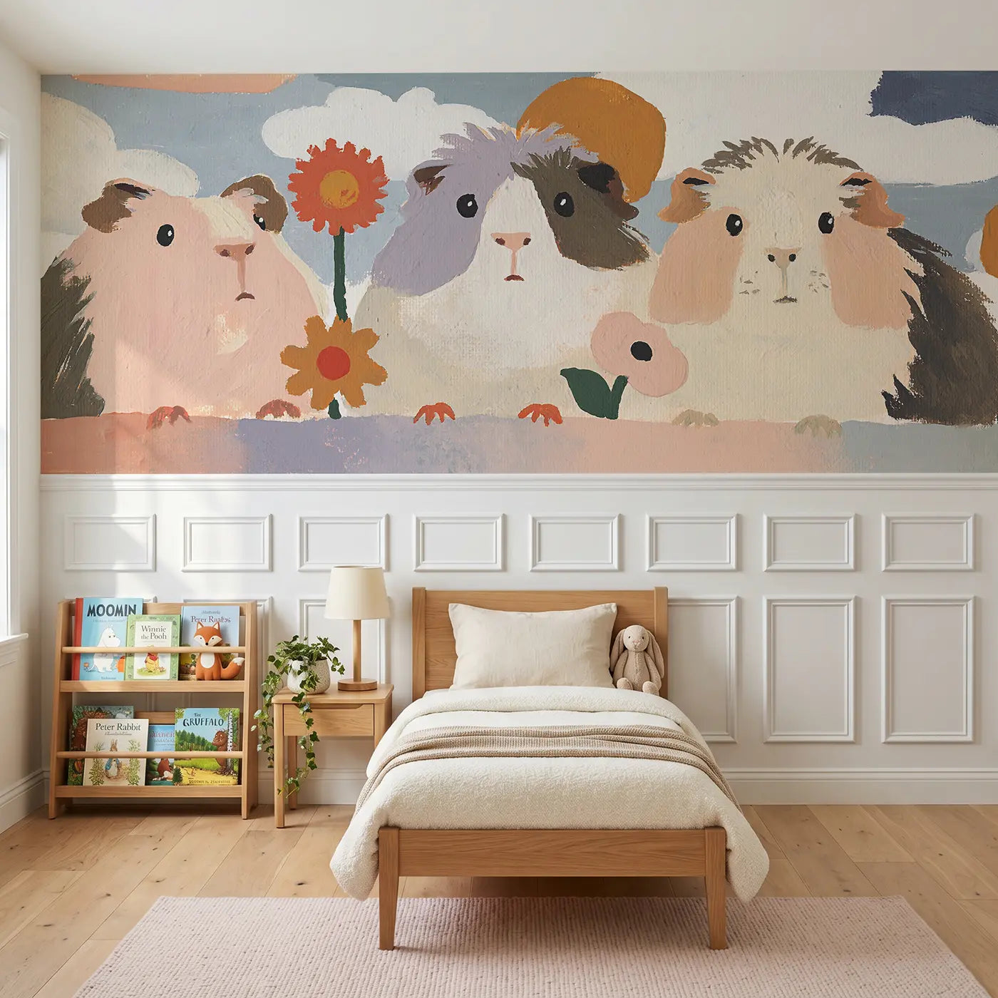 Modern Illustration guinea pig friends flat wainscoting wallpaper for nursery by Whimsy Tots.