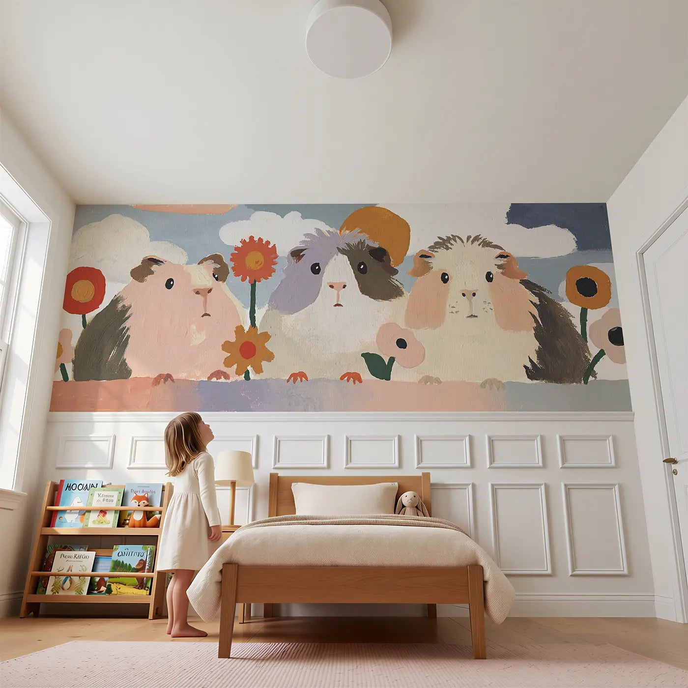 Child reading near Bold Guinea Pig Friends Flat Wainscoting Wallpaper by Whimsy Tots