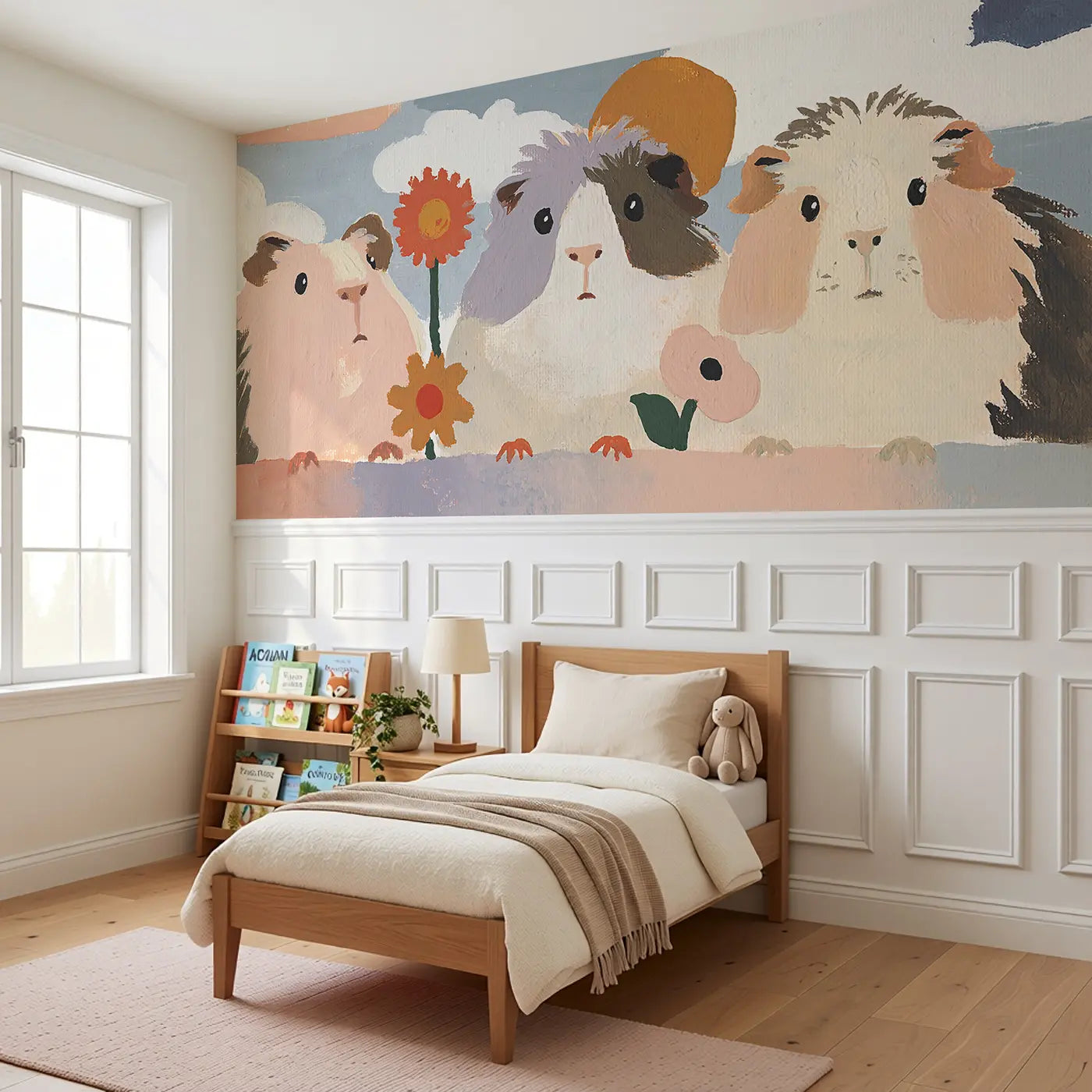 Bold Guinea Pig Friends Flat Wainscoting Wallpaper styled in a kids bedroom by Whimsy Tots