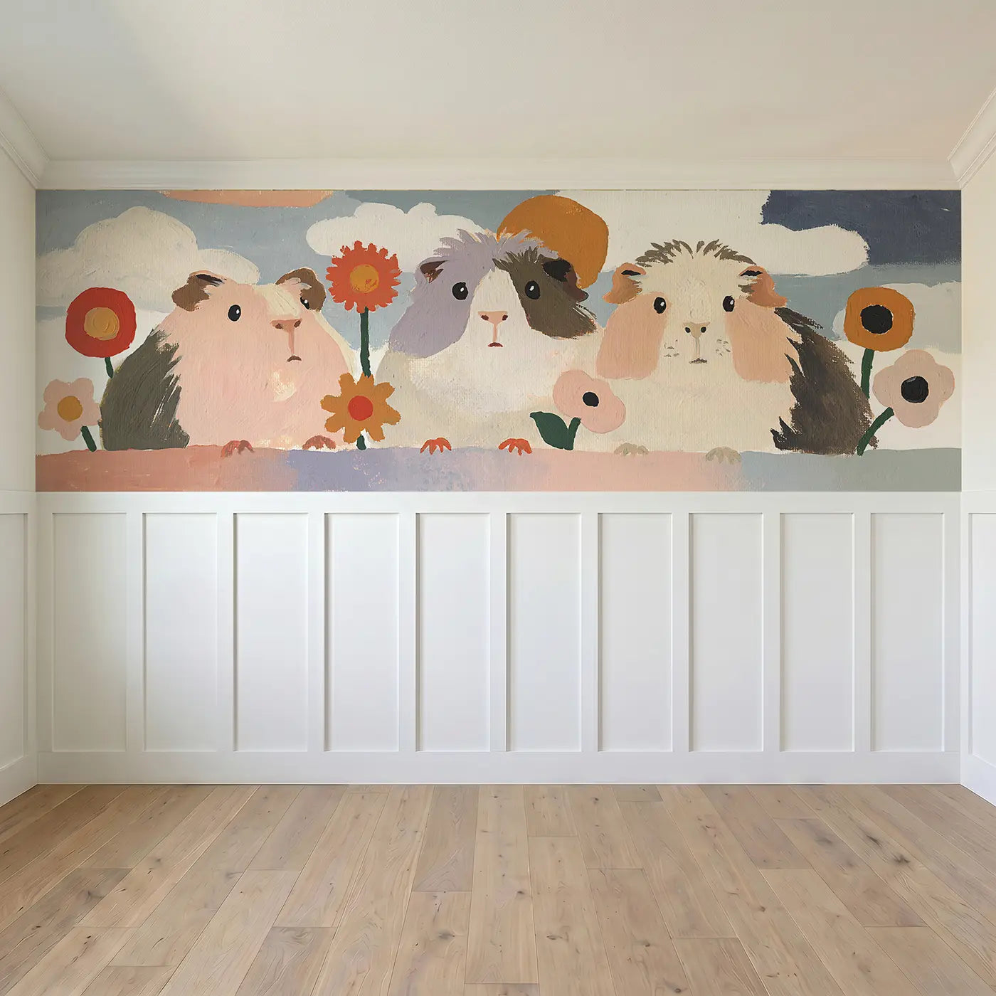 Full panel view of Bold Guinea Pig Friends Flat Wainscoting Wallpaper by Whimsy Tots
