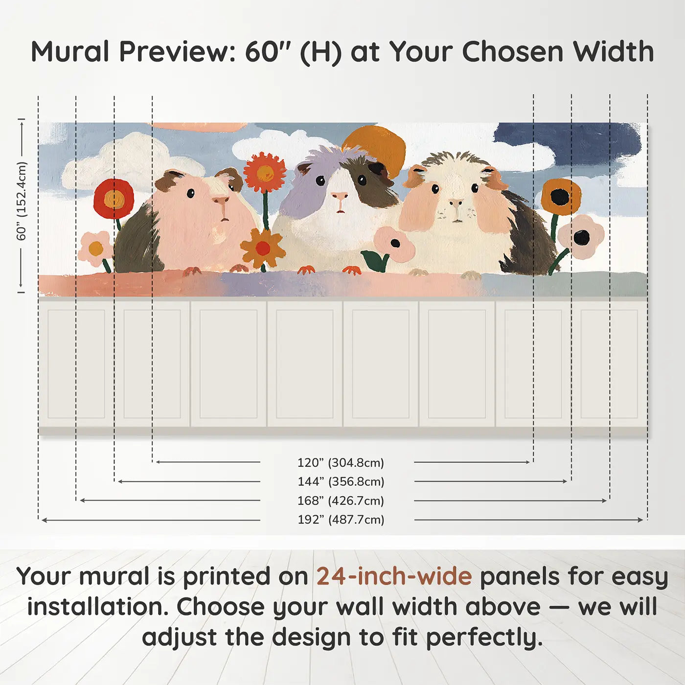 Panel dimensions for Bold Guinea Pig Friends Flat Wainscoting Wallpaper by Whimsy Tots
