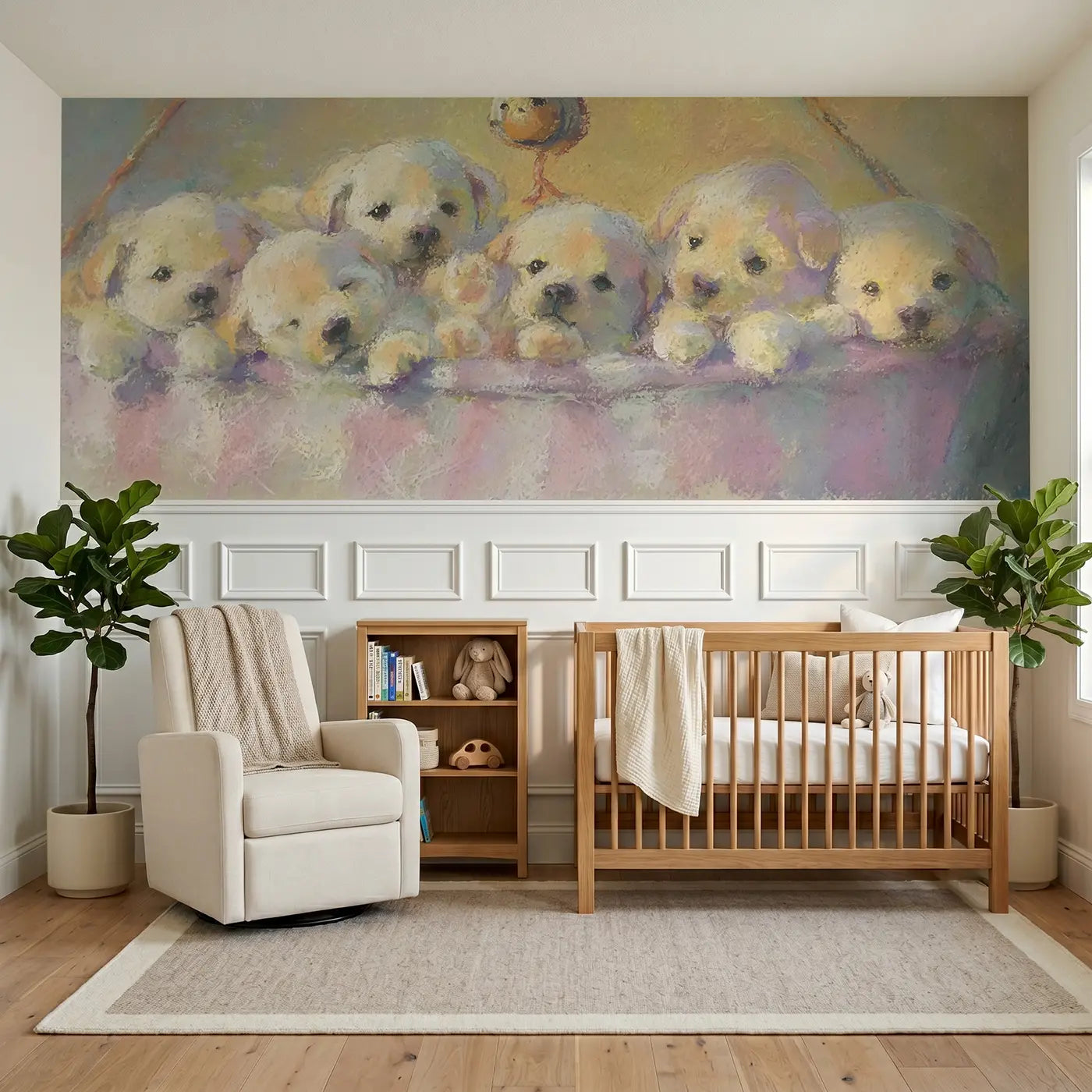 Soft Pastel puppy pile fuzzy nap wainscoting wallpaper for nursery by Whimsy Tots.