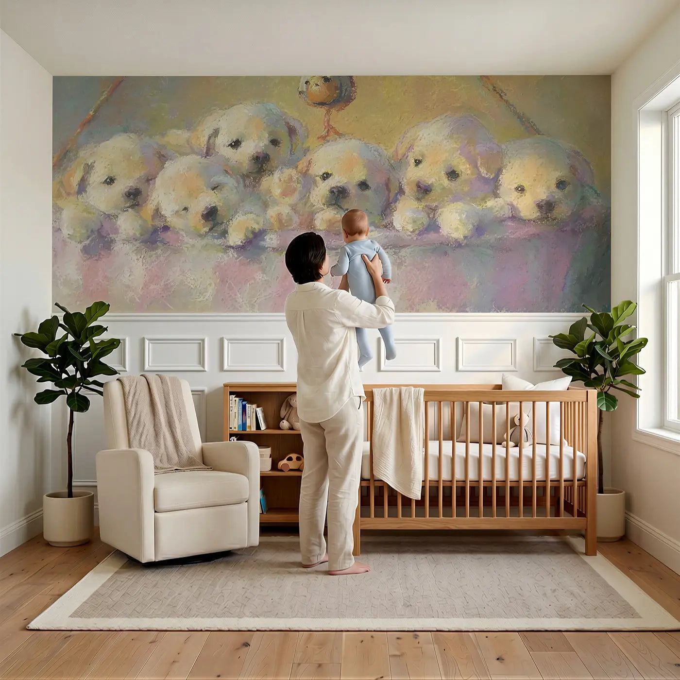 Child reading near Chalk Puppy Pile Fuzzy Nap Wainscoting Wallpaper by Whimsy Tots