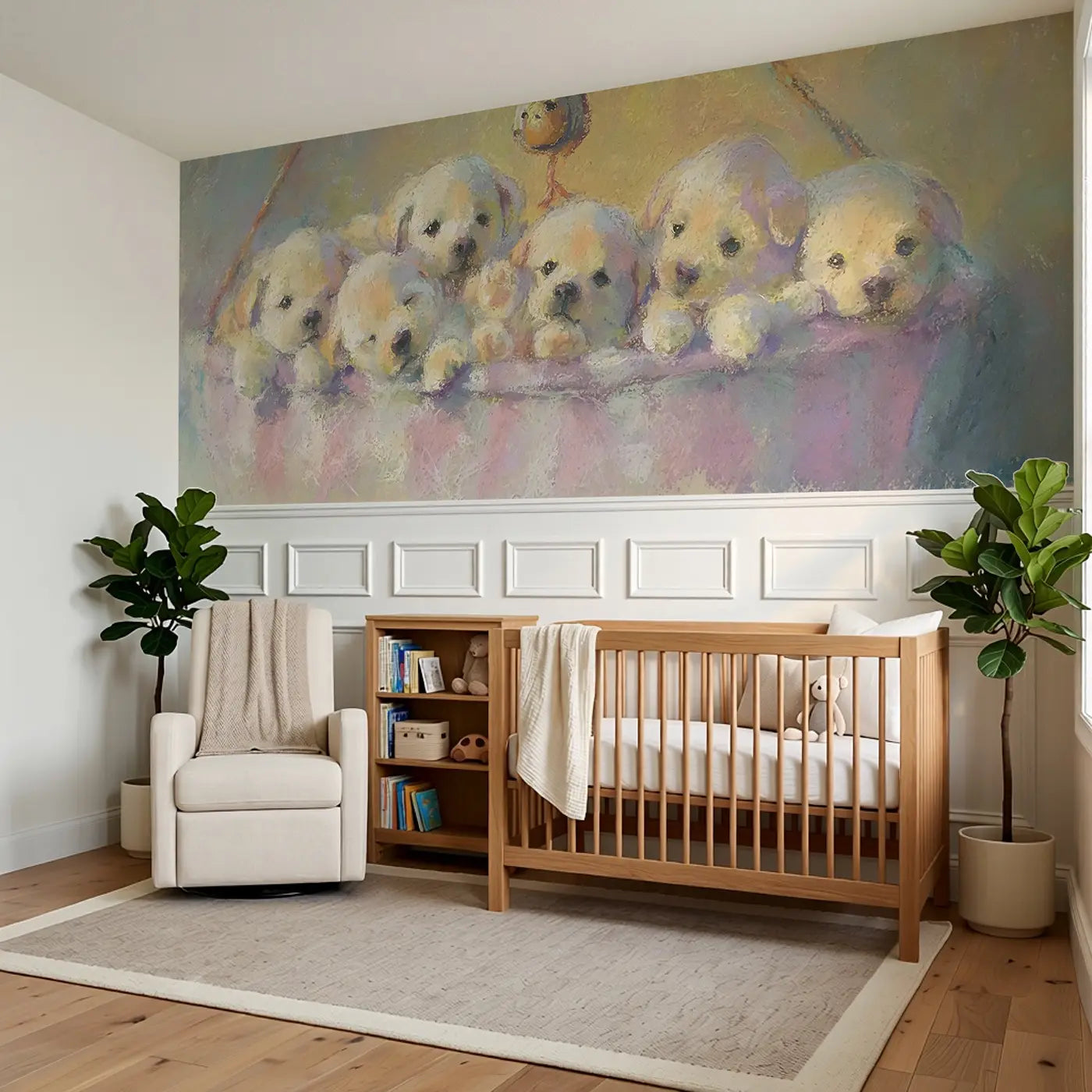 Chalk Puppy Pile Fuzzy Nap Wainscoting Wallpaper styled in a kids bedroom by Whimsy Tots