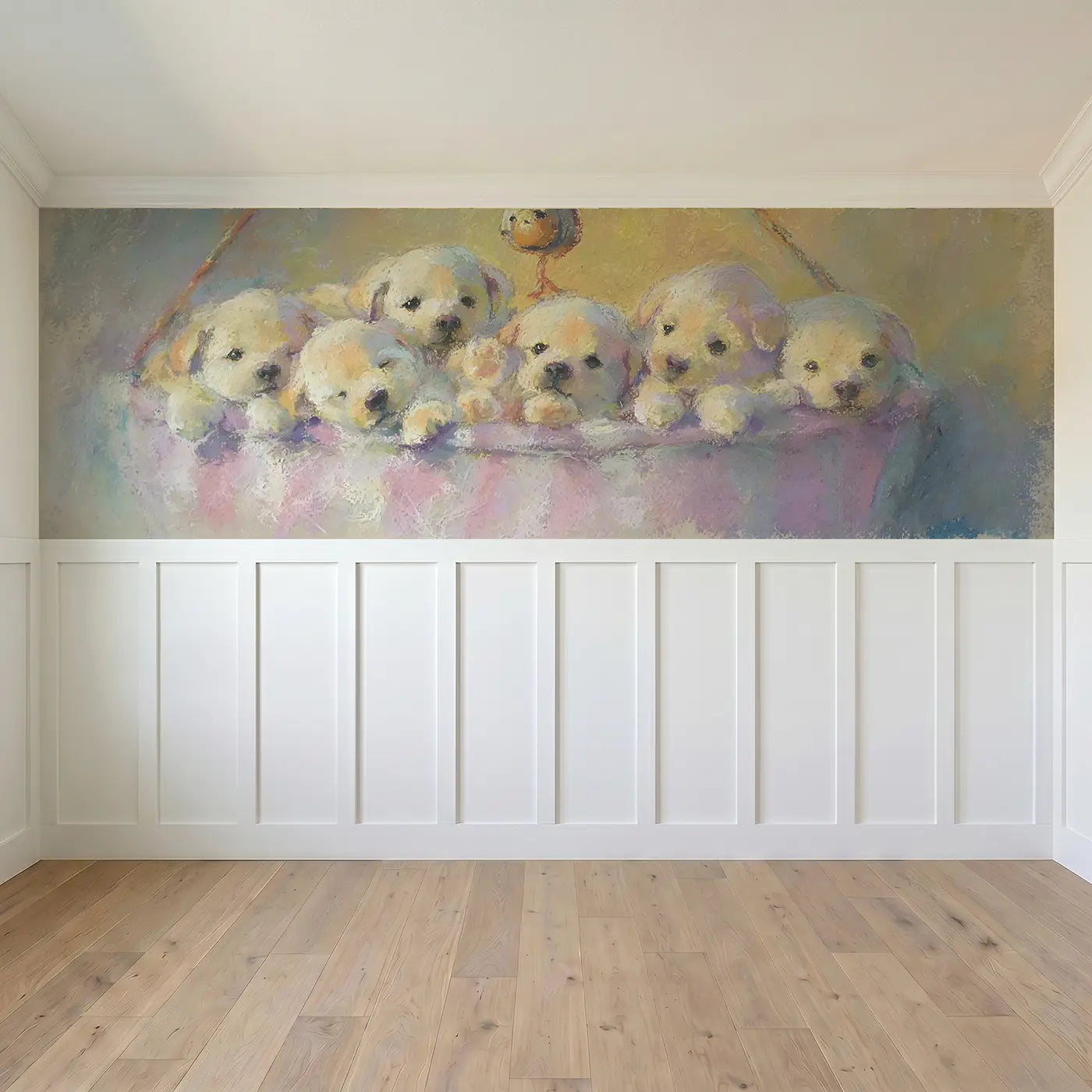 Full panel view of Chalk Puppy Pile Fuzzy Nap Wainscoting Wallpaper by Whimsy Tots