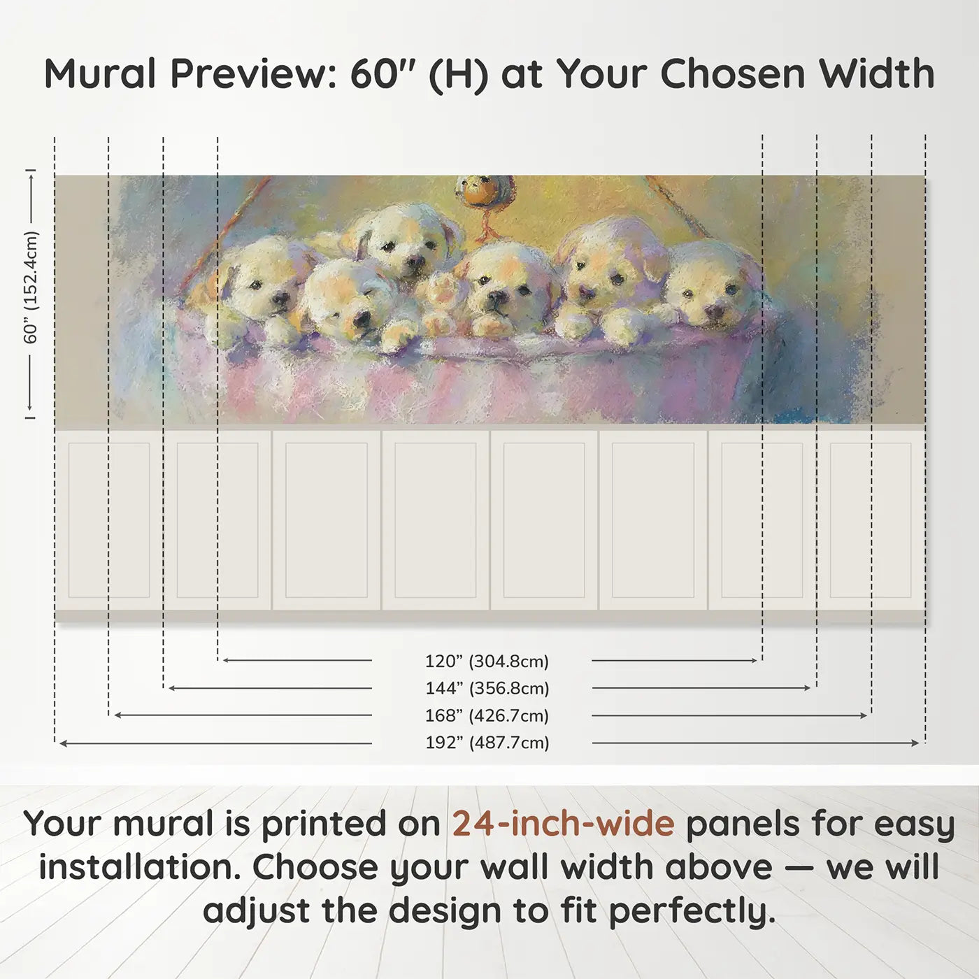 Panel dimensions for Chalk Puppy Pile Fuzzy Nap Wainscoting Wallpaper by Whimsy Tots