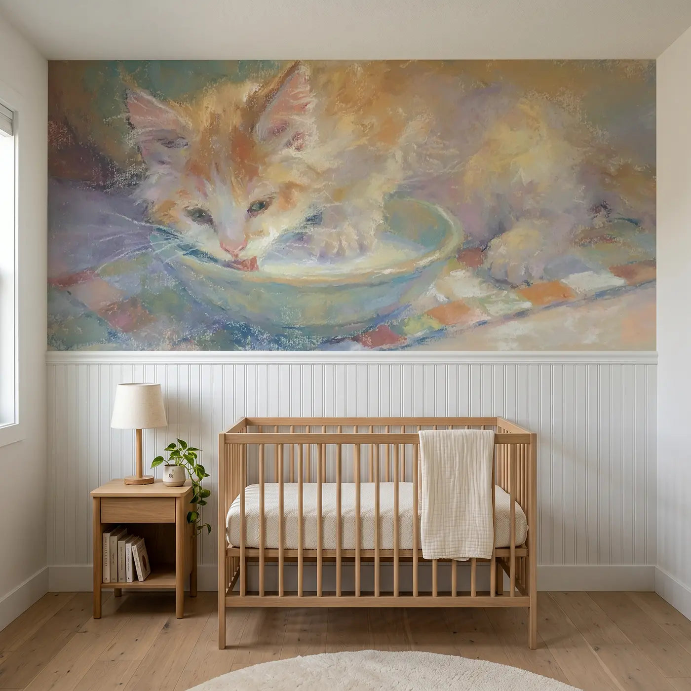 Soft Pastel kitten milk bowl dream wainscoting wallpaper for nursery by Whimsy Tots.