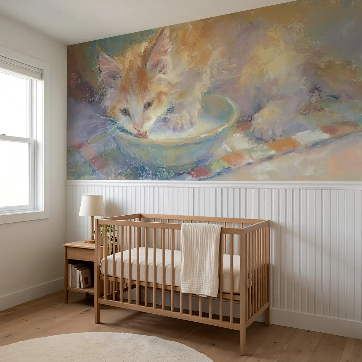 Pastel Kitten Milk Bowl Dream Wainscoting Wallpaper styled in a kids bedroom by Whimsy Tots