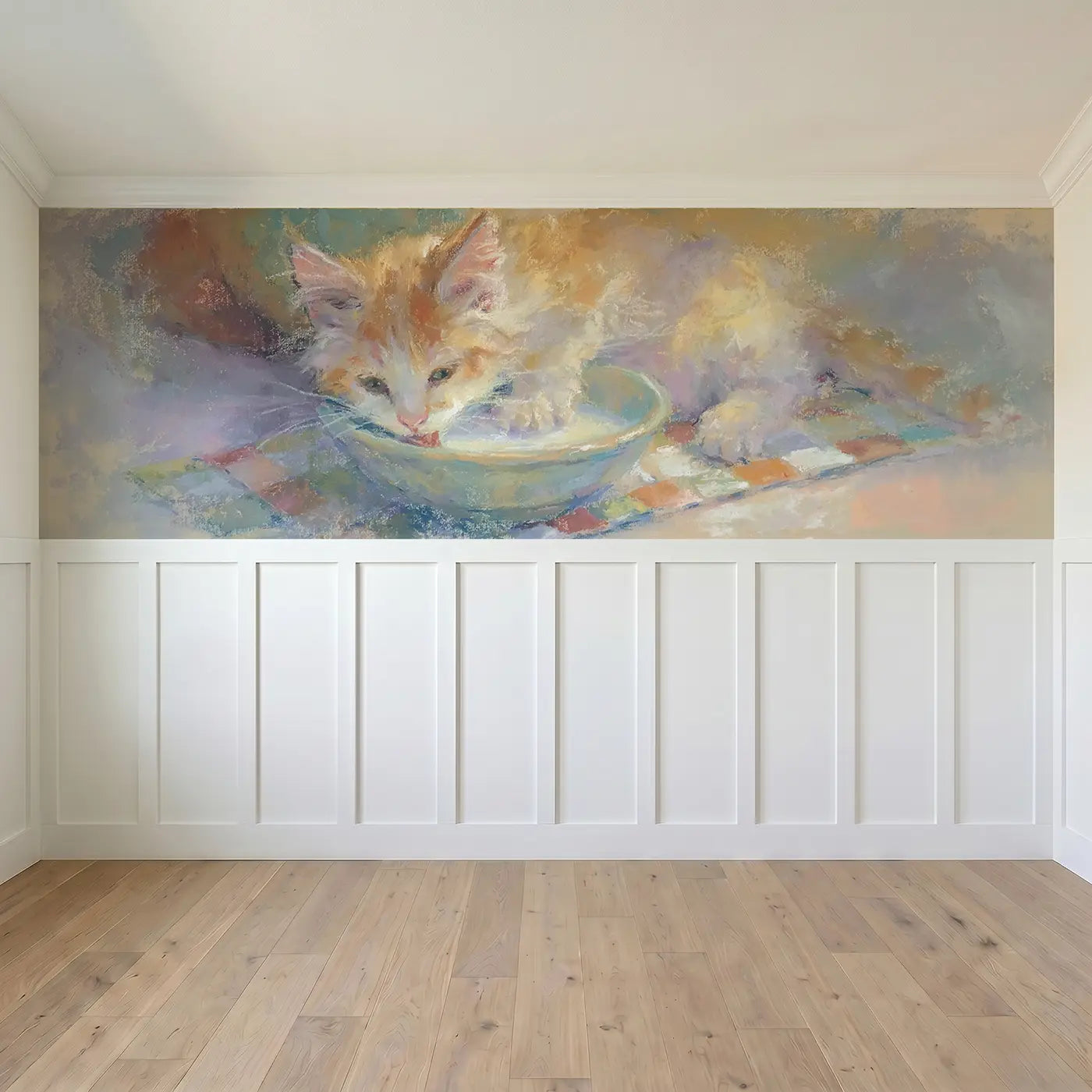 Full panel view of Pastel Kitten Milk Bowl Dream Wainscoting Wallpaper by Whimsy Tots