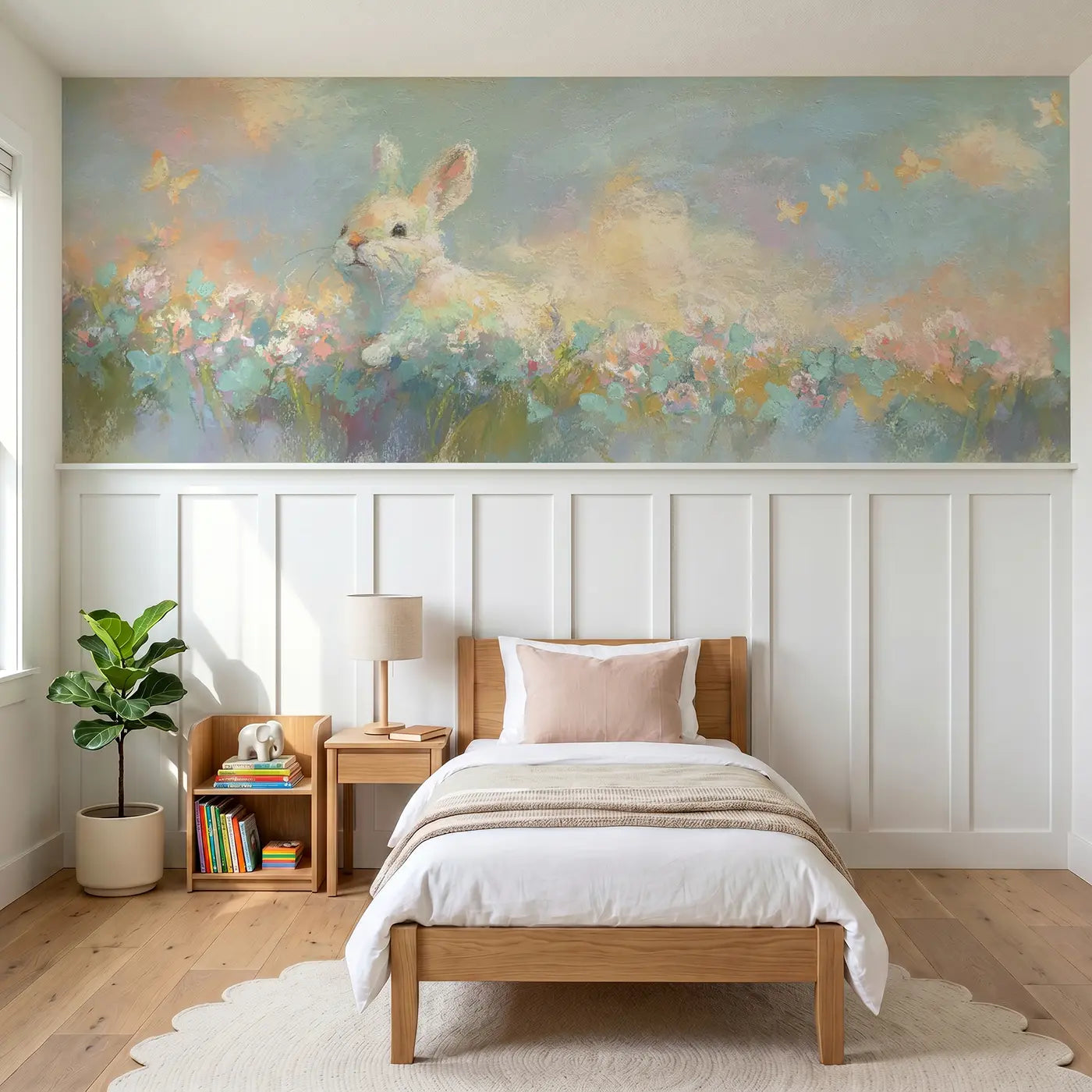 Soft Pastel bunny clover field chalk wainscoting wallpaper for nursery by Whimsy Tots.