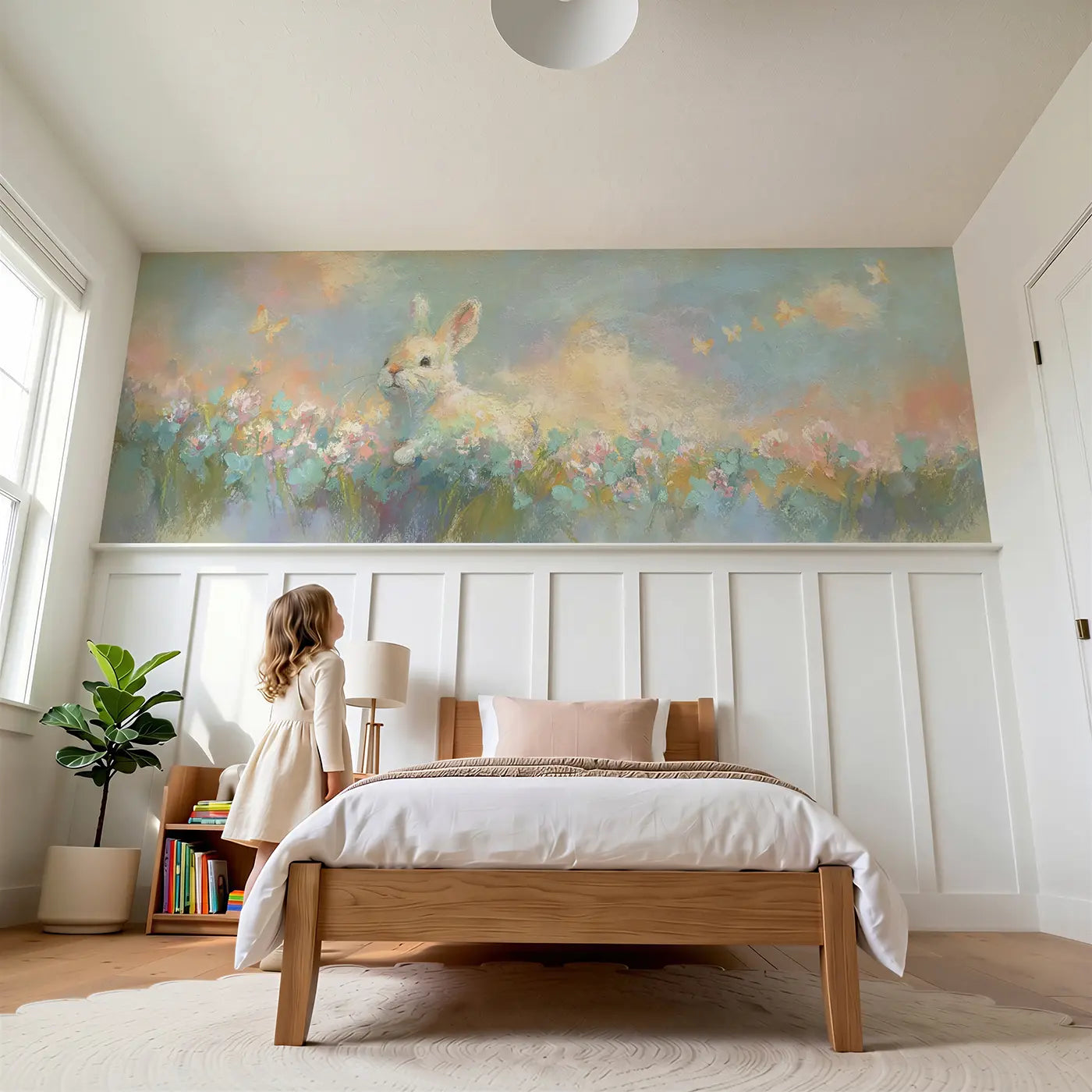 Child reading near Fuzzy Bunny Clover Field Soft Wainscoting Wallpaper by Whimsy Tots