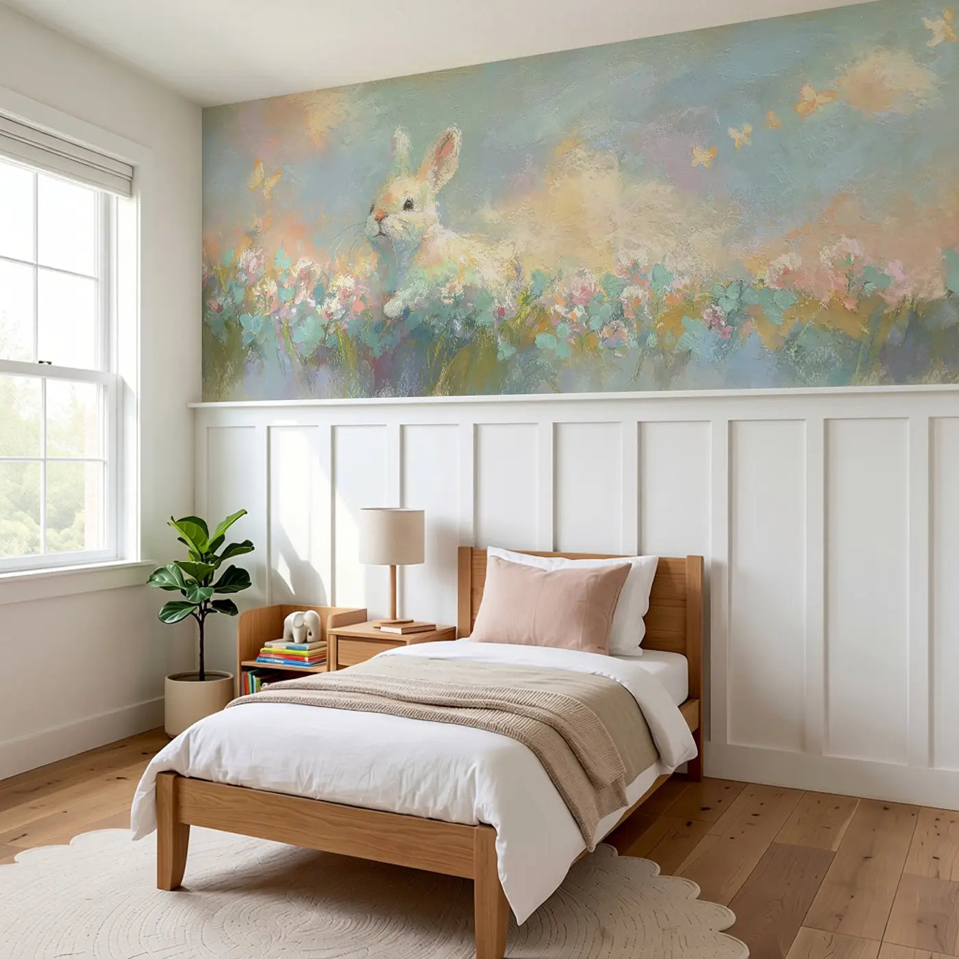 Fuzzy Bunny Clover Field Soft Wainscoting Wallpaper styled in a kids bedroom by Whimsy Tots