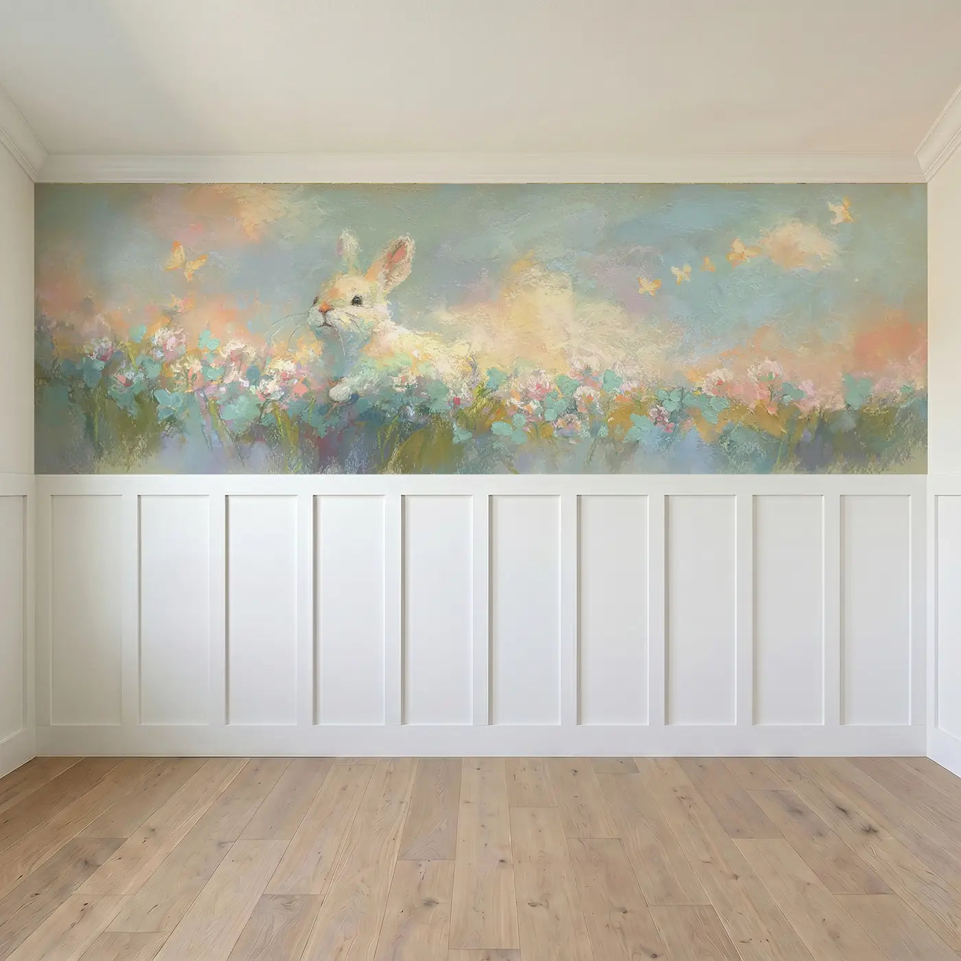 Full panel view of Fuzzy Bunny Clover Field Soft Wainscoting Wallpaper by Whimsy Tots