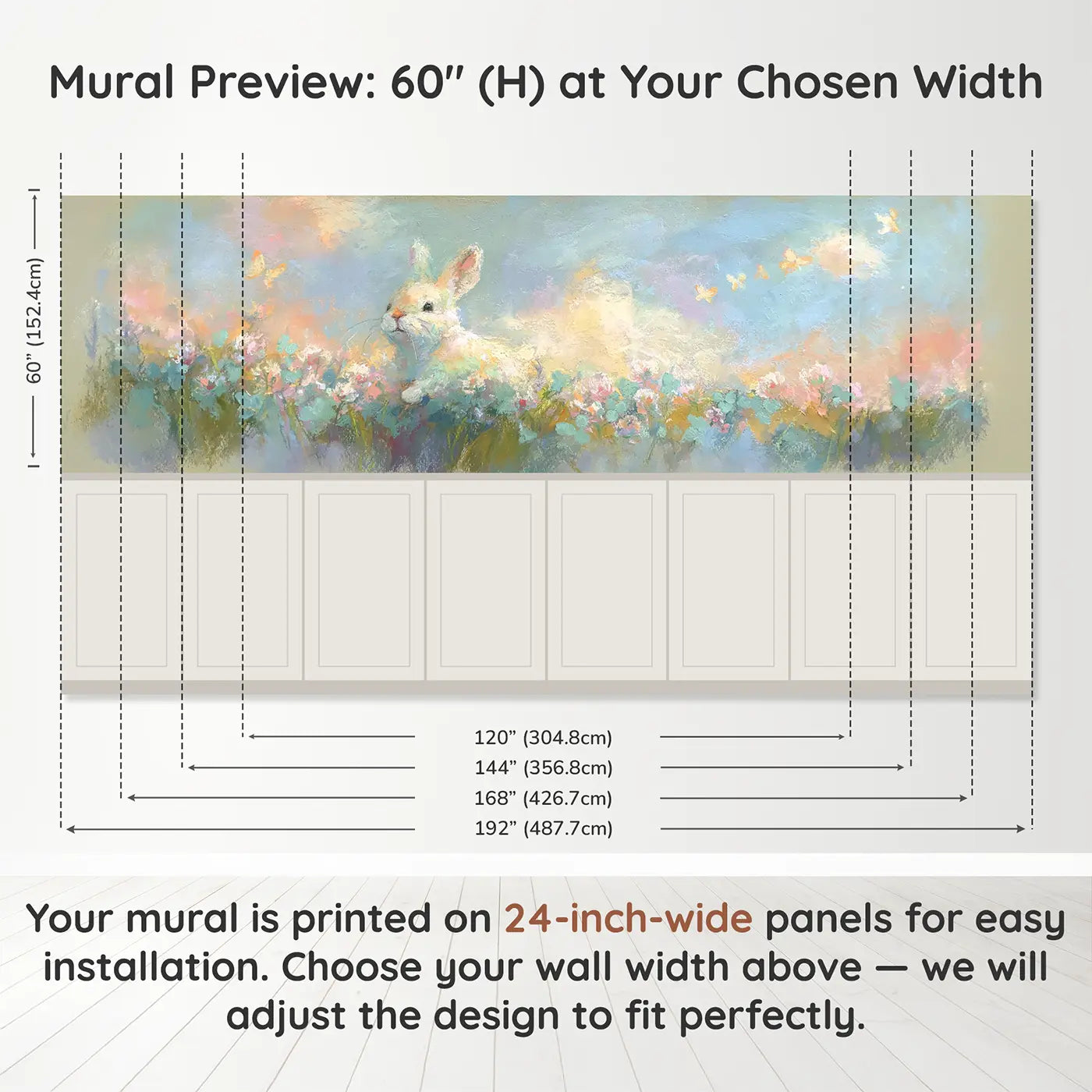 Panel dimensions for Fuzzy Bunny Clover Field Soft Wainscoting Wallpaper by Whimsy Tots