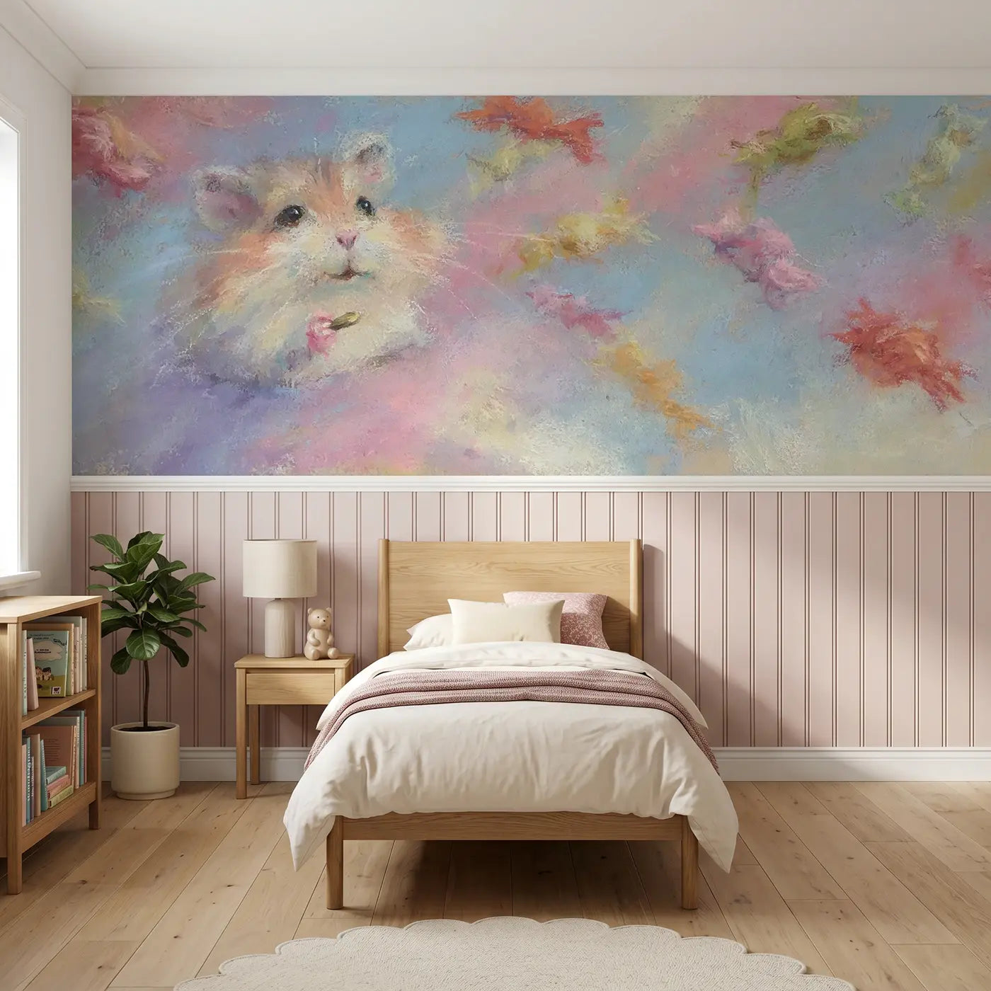 Soft Pastel hamster cheek full treat wainscoting wallpaper for nursery by Whimsy Tots.