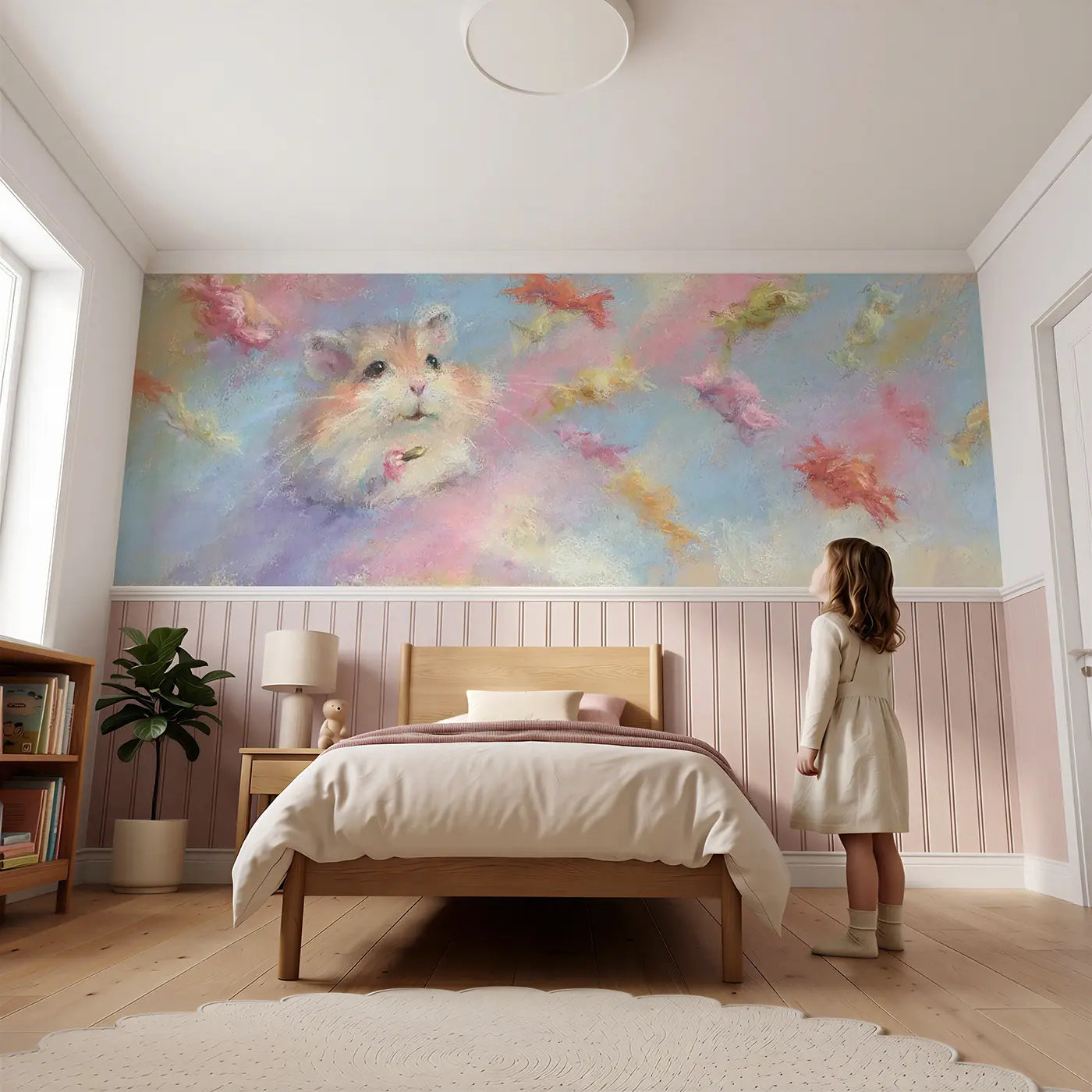 Child reading near Chalk Hamster Cheek Full Treat Wainscoting Wallpaper by Whimsy Tots