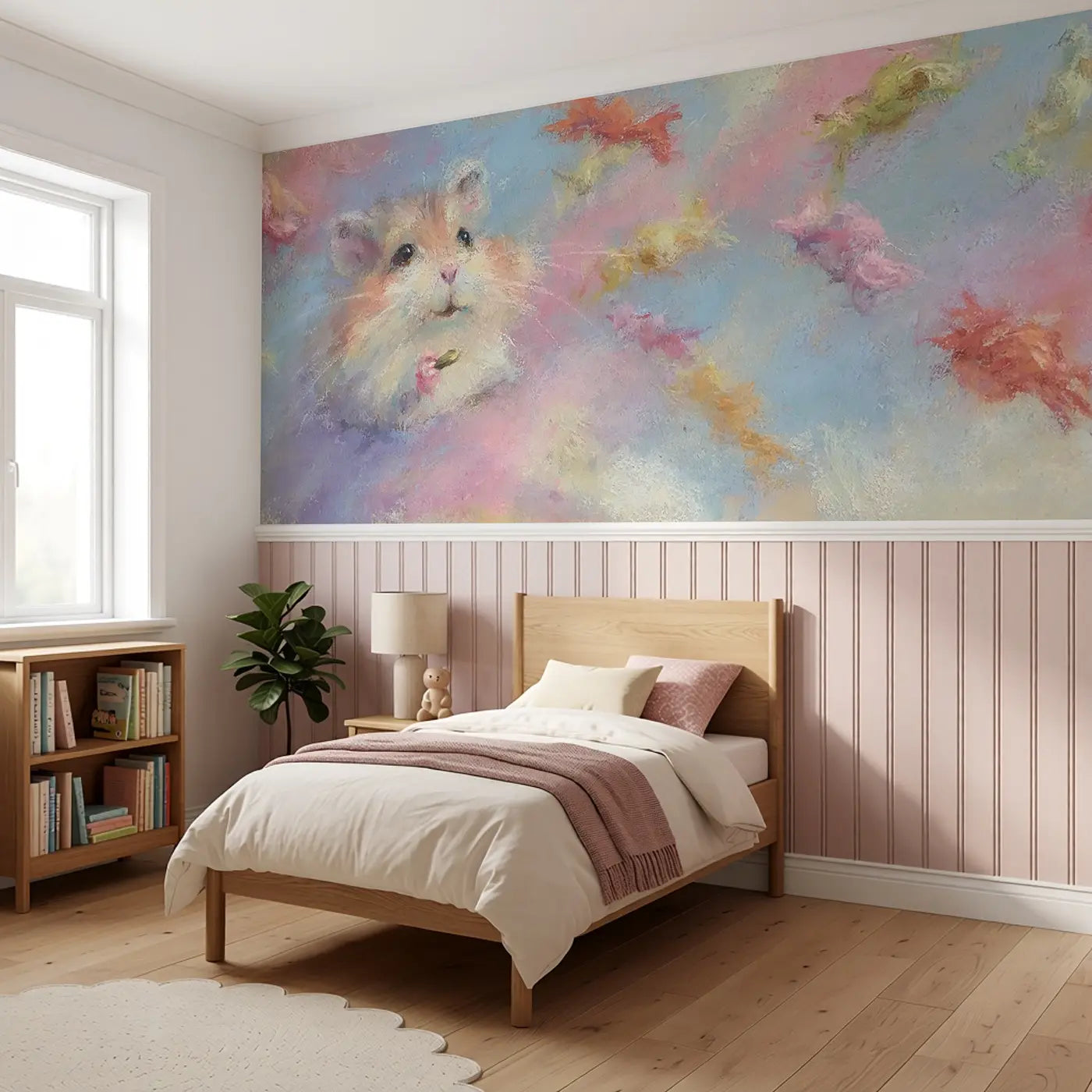 Chalk Hamster Cheek Full Treat Wainscoting Wallpaper styled in a kids bedroom by Whimsy Tots
