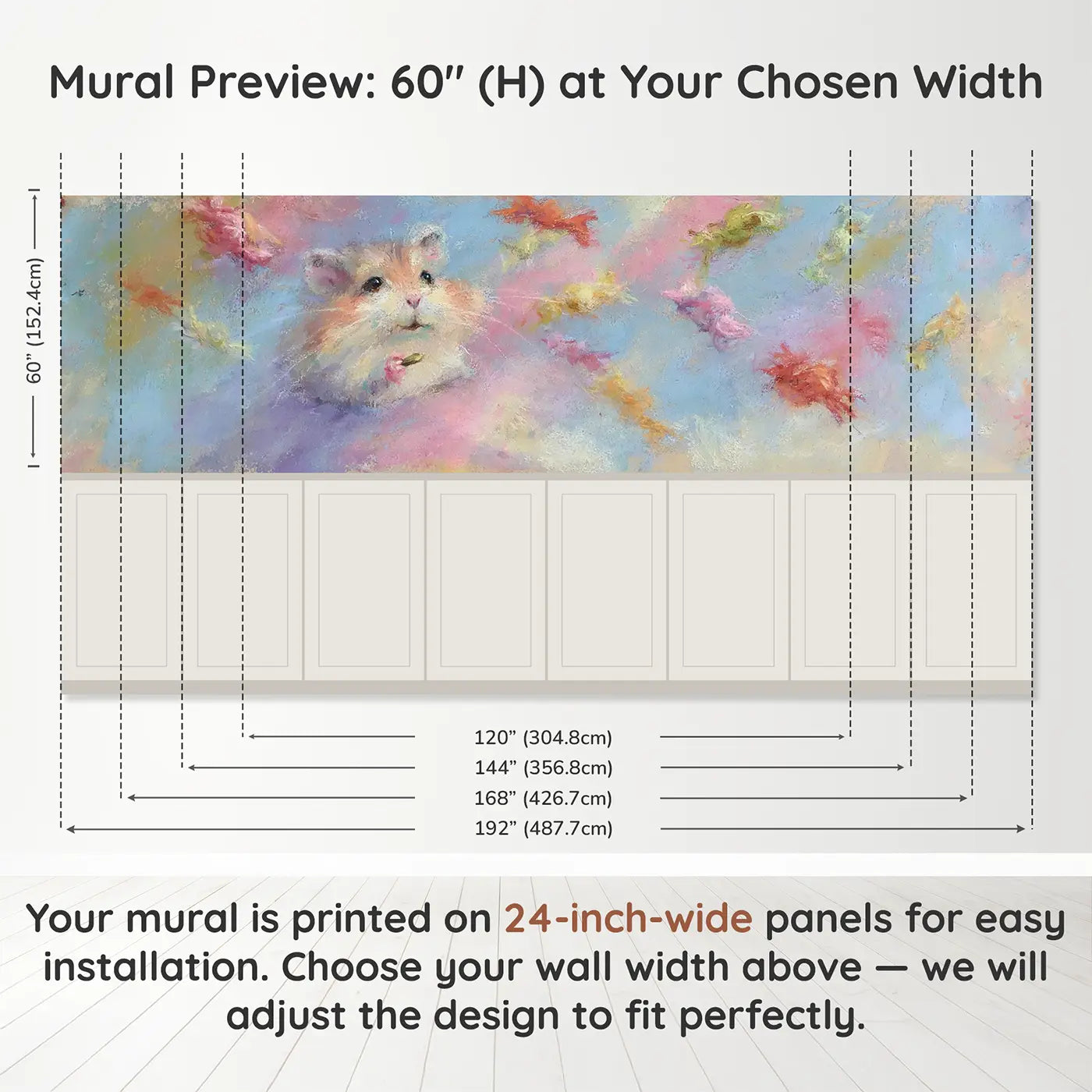 Panel dimensions for Chalk Hamster Cheek Full Treat Wainscoting Wallpaper by Whimsy Tots
