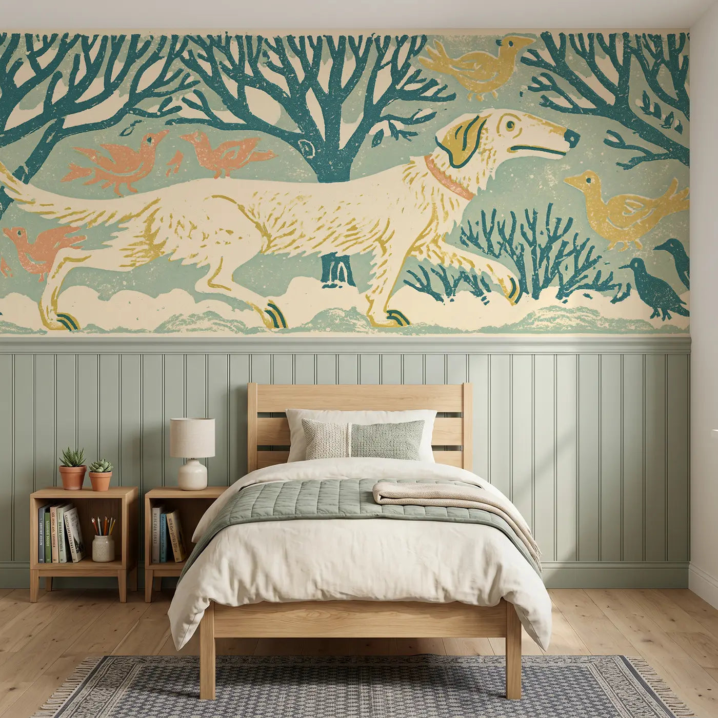 Block Print dog park tree band wainscoting wallpaper for bedroom by Whimsy Tots.