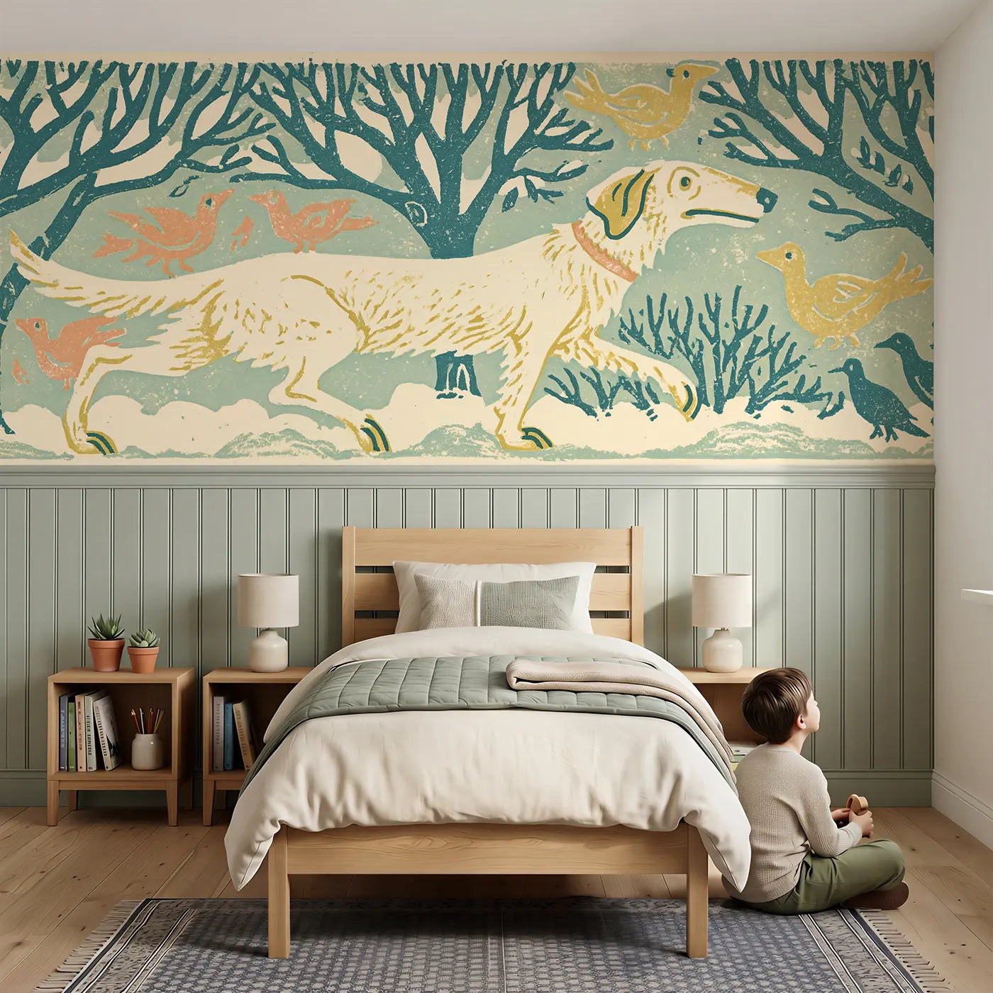 Child reading near Carved Dog Park Tree Band Wainscoting Wallpaper by Whimsy Tots
