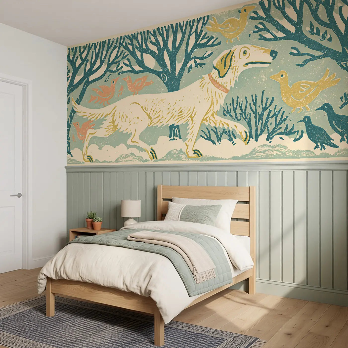 Carved Dog Park Tree Band Wainscoting Wallpaper styled in a kids bedroom by Whimsy Tots