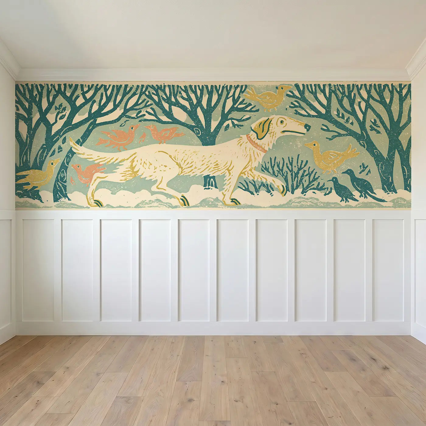 Full panel view of Carved Dog Park Tree Band Wainscoting Wallpaper by Whimsy Tots