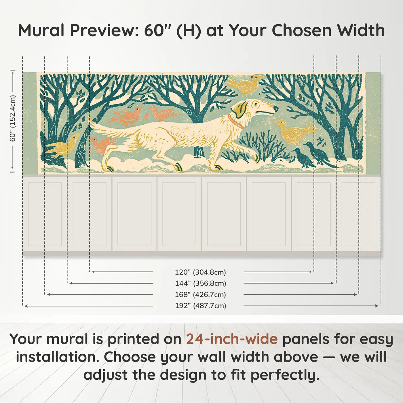 Panel dimensions for Carved Dog Park Tree Band Wainscoting Wallpaper by Whimsy Tots