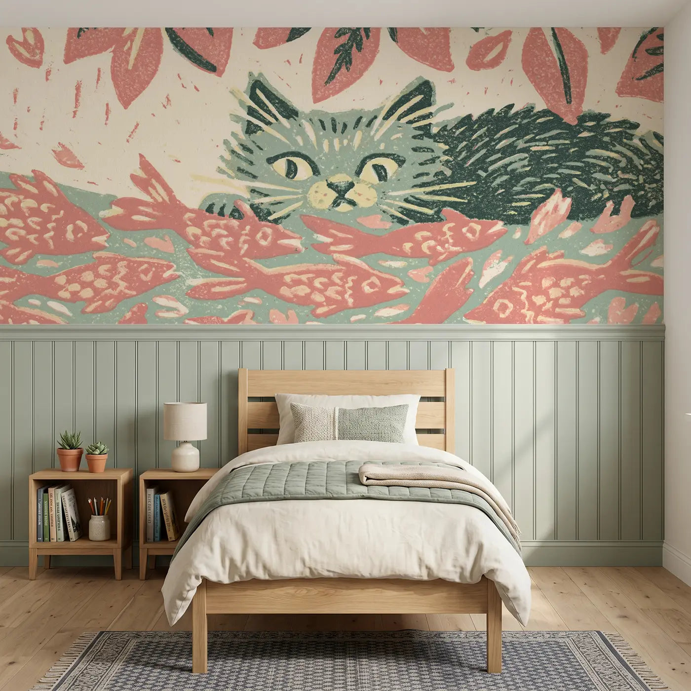 Block Print cat fish garden wainscoting wallpaper for bedroom by Whimsy Tots.