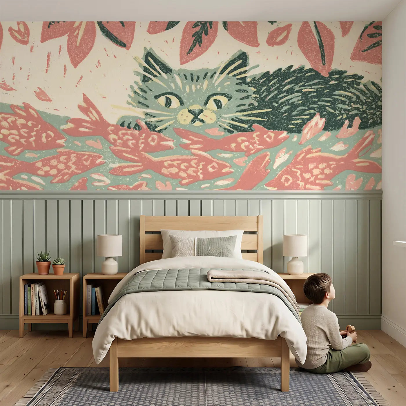 Child reading near Block Print Cat Fish Garden Wainscoting Wallpaper by Whimsy Tots