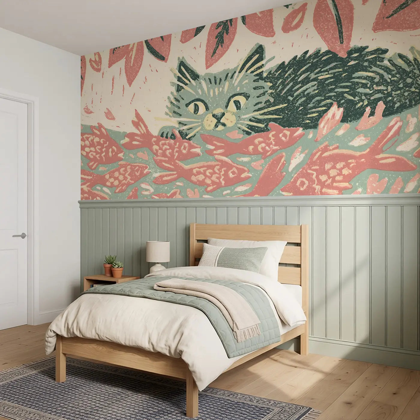 Block Print Cat Fish Garden Wainscoting Wallpaper styled in a kids bedroom by Whimsy Tots