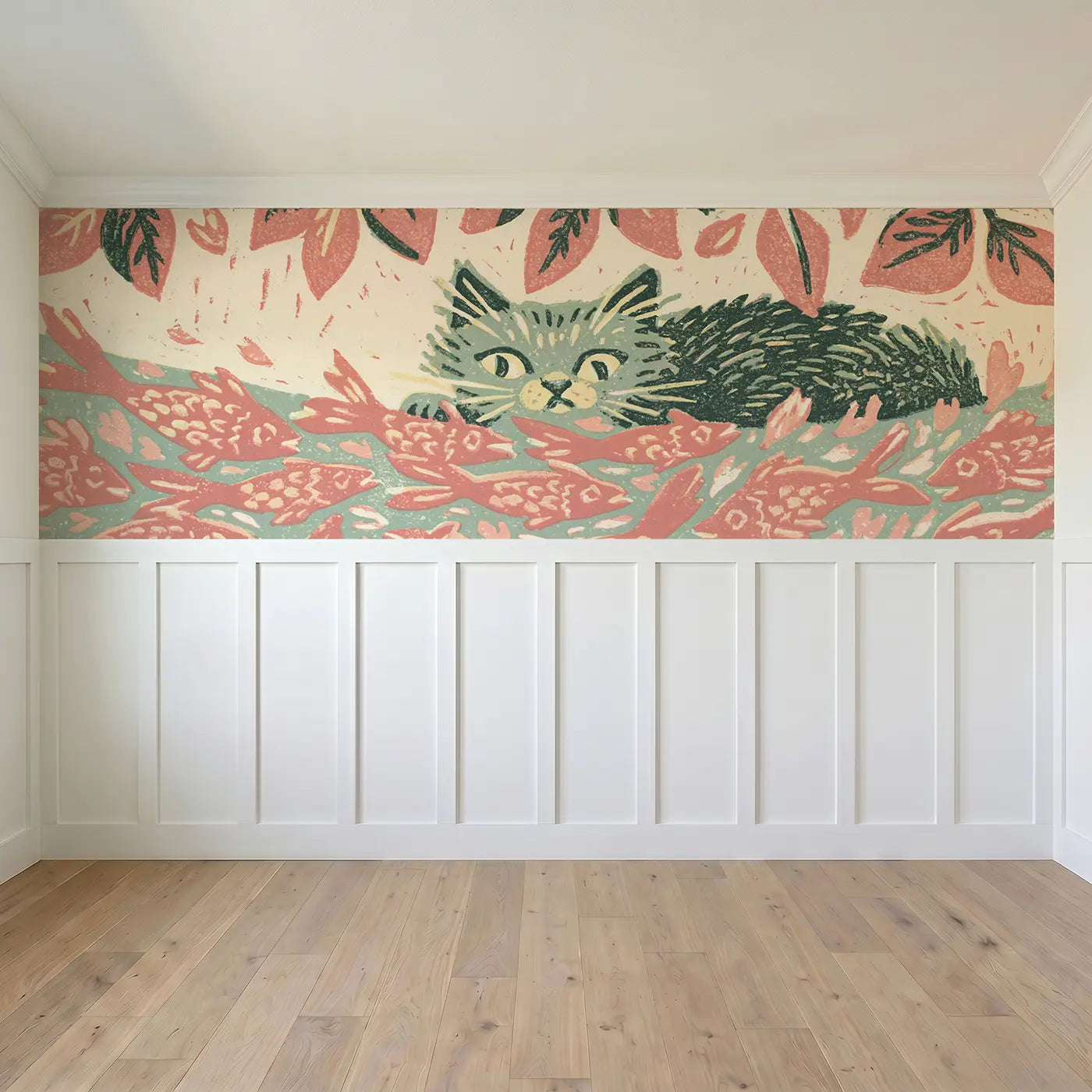 Full panel view of Block Print Cat Fish Garden Wainscoting Wallpaper by Whimsy Tots