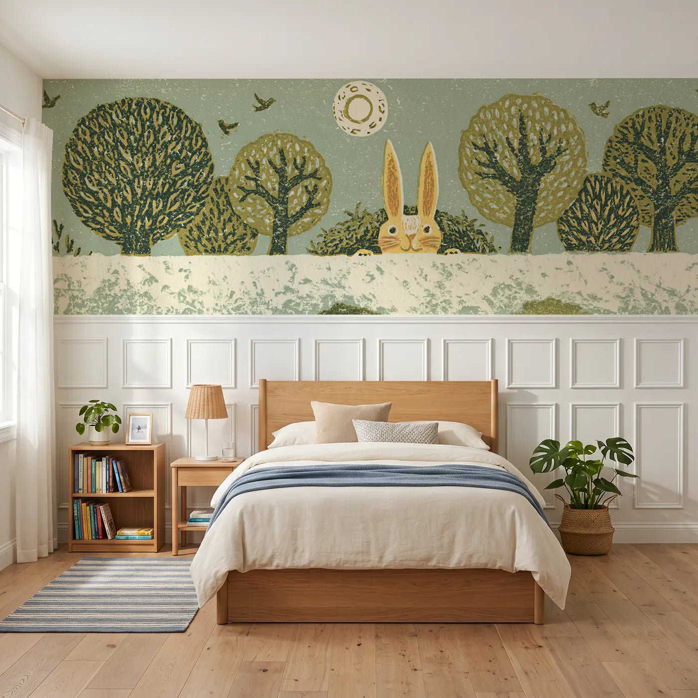 Block Print rabbit burrow forest wainscoting wallpaper for bedroom by Whimsy Tots.